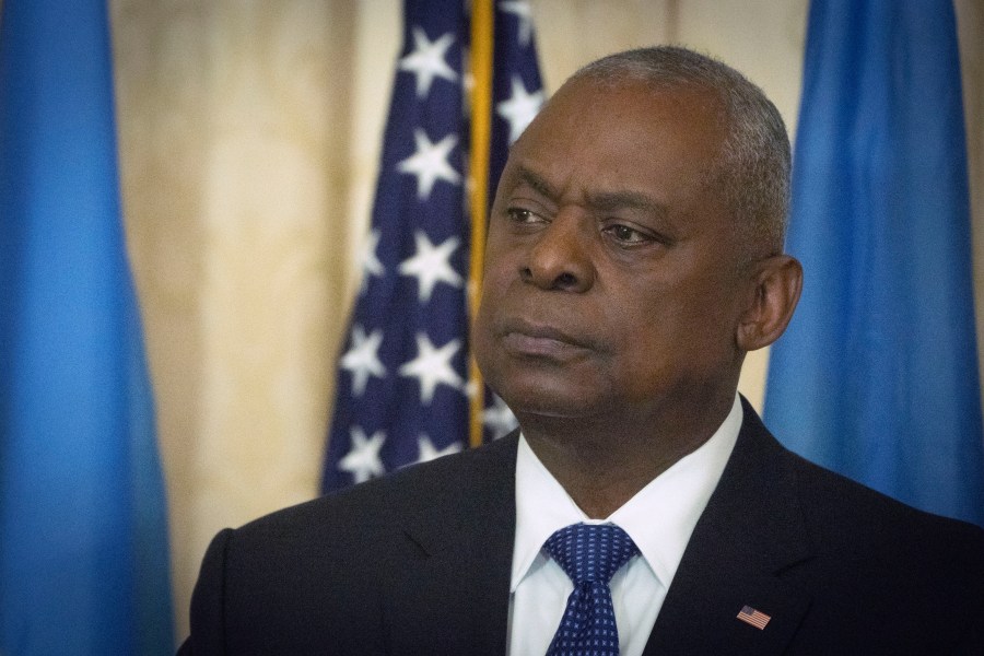 US Secretary of Defence Lloyd Austin makes a speech at Diplomatic Academy of Ukraine in Kyiv, Ukraine, Monday, Oct. 21, 2024. (AP Photo/Efrem Lukatsky)