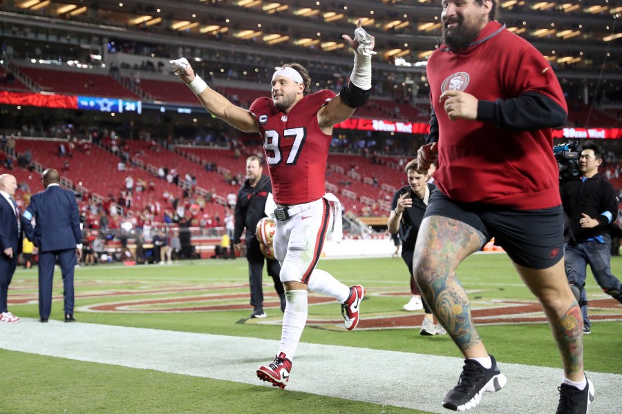 San Francisco 49ers' Nick Bosa runs off the field after the 49ers' win over the Dallas Cowboys in an NFL football game at Levi's Stadium in Santa Clara, Calif., Sunday, Oct. 27, 2024. (Scott Strazzante/San Francisco Chronicle via AP)