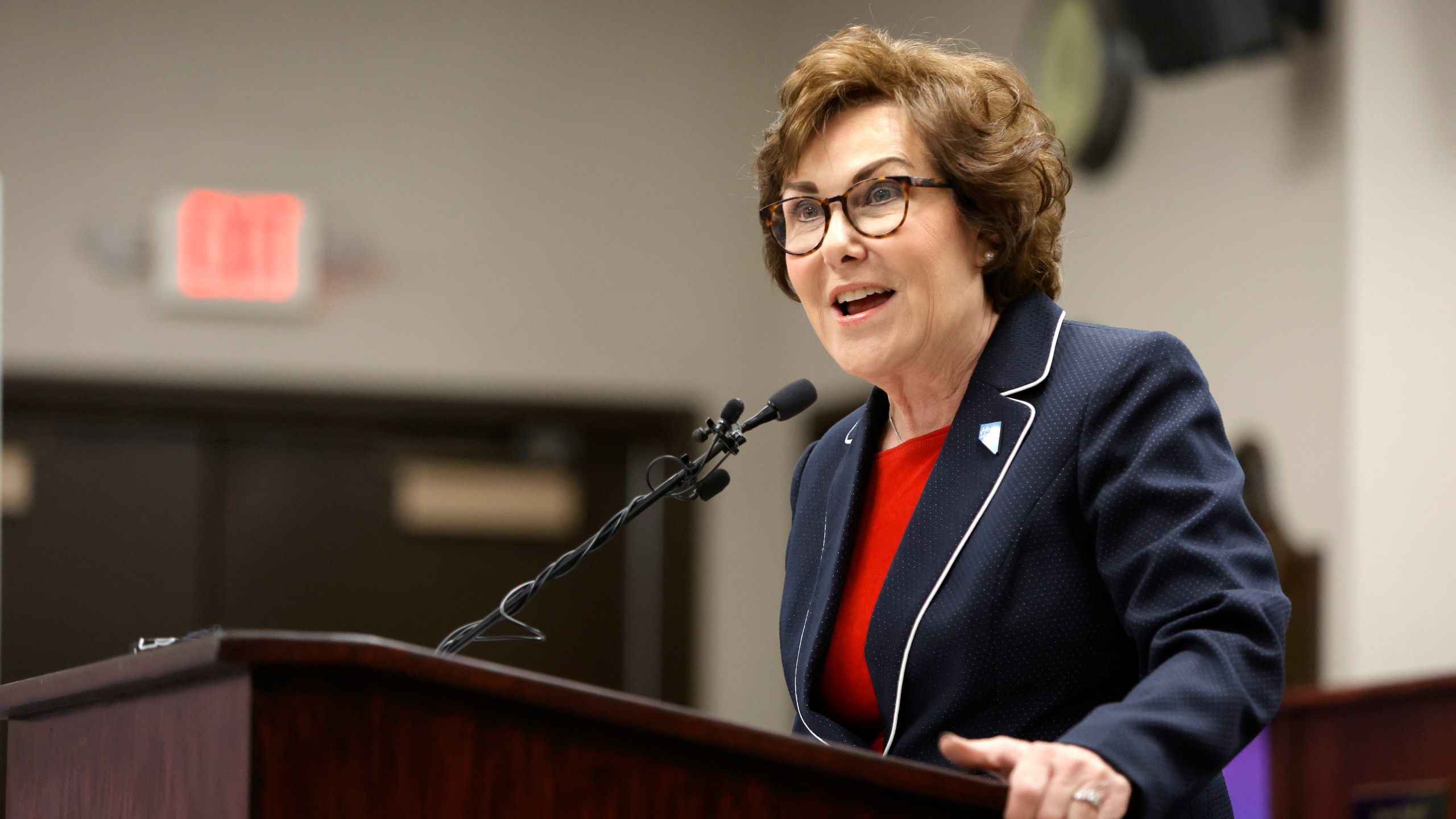 Sen. Jacky Rosen, D-Nev., gives a victory speech at the Teamsters Local 631 meeting hall Saturday, Nov. 9, 2024, in Las Vegas. (Steve Marcus/Las Vegas Sun via AP)