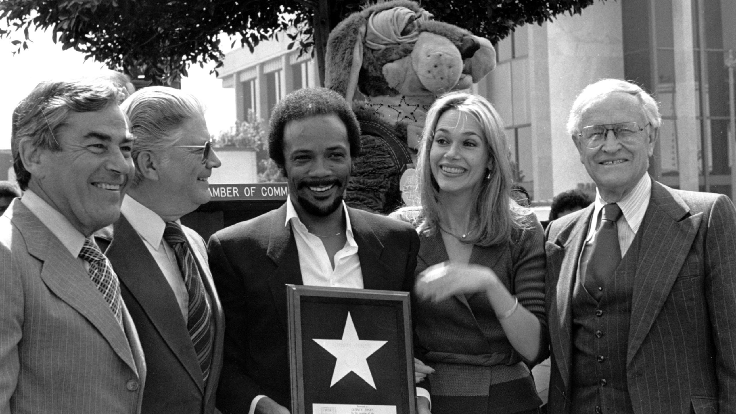 FILE - Musician Quincy Jones and his wife, actress Peggy Lipton, hold Jones' star which was placed in the Hollywood Walk of Fame in Los Angeles on March 14, 1980. (AP Photo/Barfield, File)