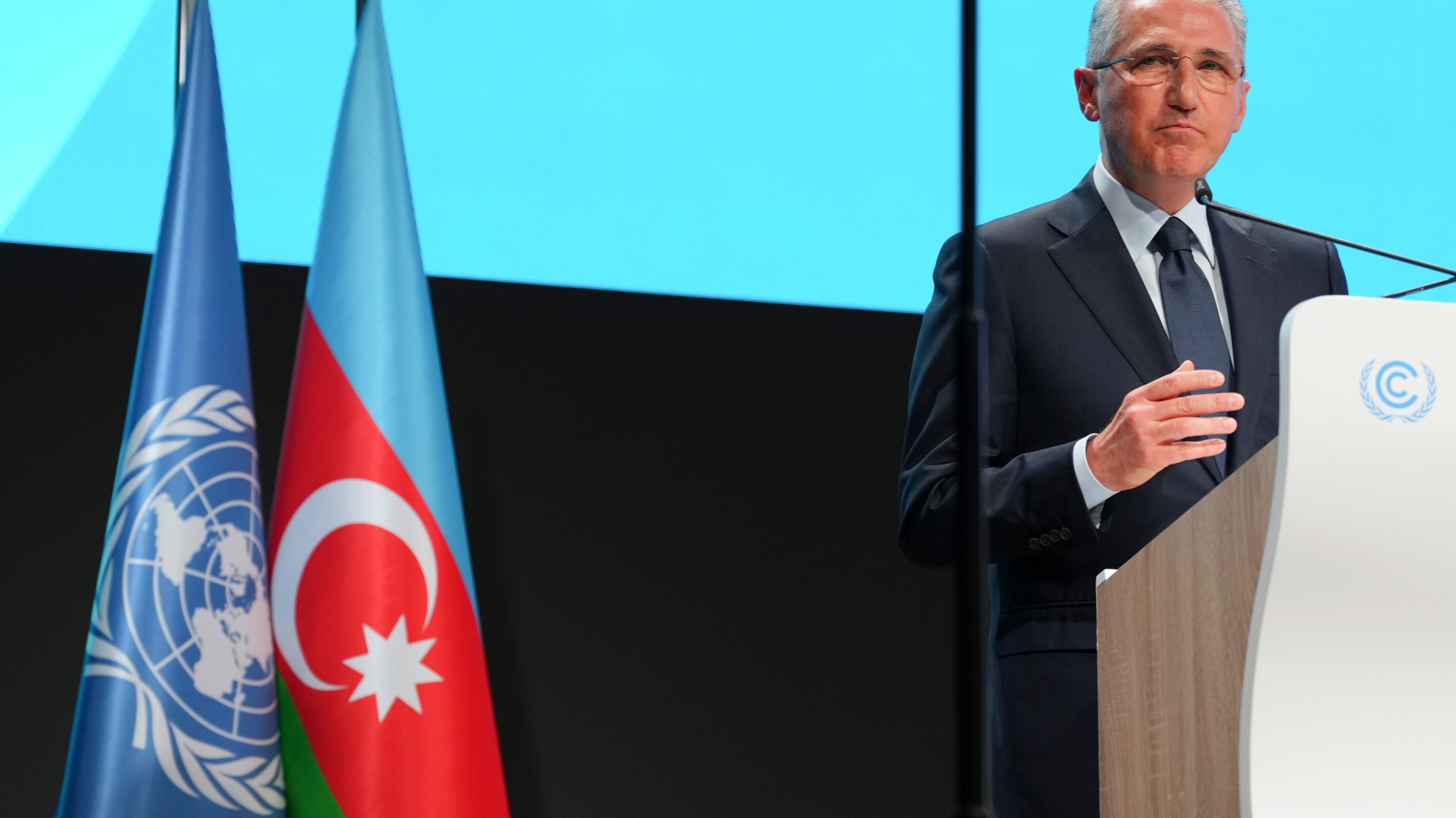 Mukhtar Babayev, COP29 President, speaks during the opening plenary session at the COP29 U.N. Climate Summit, Monday, Nov. 11, 2024, in Baku, Azerbaijan. (AP Photo/Peter Dejong)