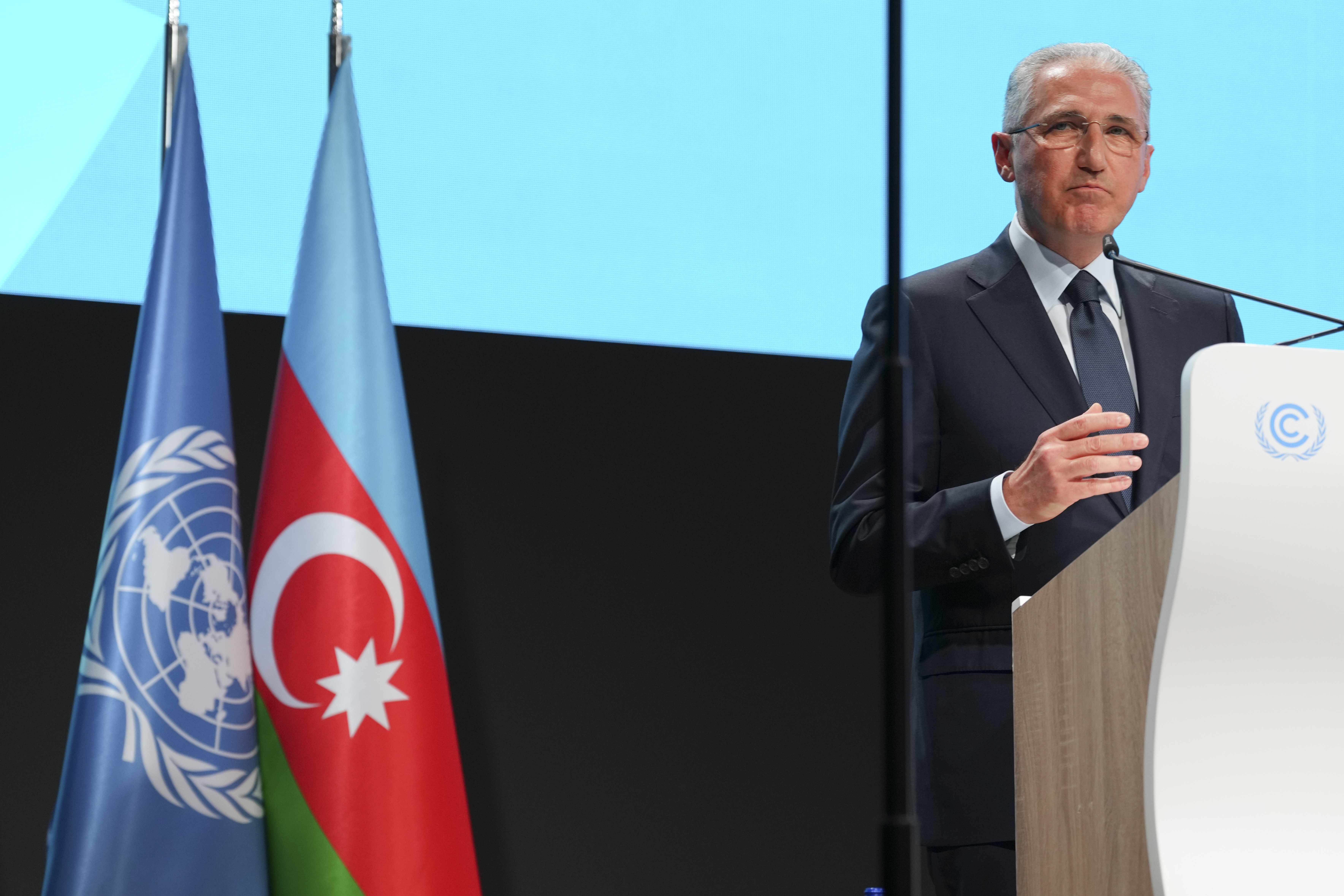 Mukhtar Babayev, COP29 President, speaks during the opening plenary session at the COP29 U.N. Climate Summit, Monday, Nov. 11, 2024, in Baku, Azerbaijan. (AP Photo/Peter Dejong)