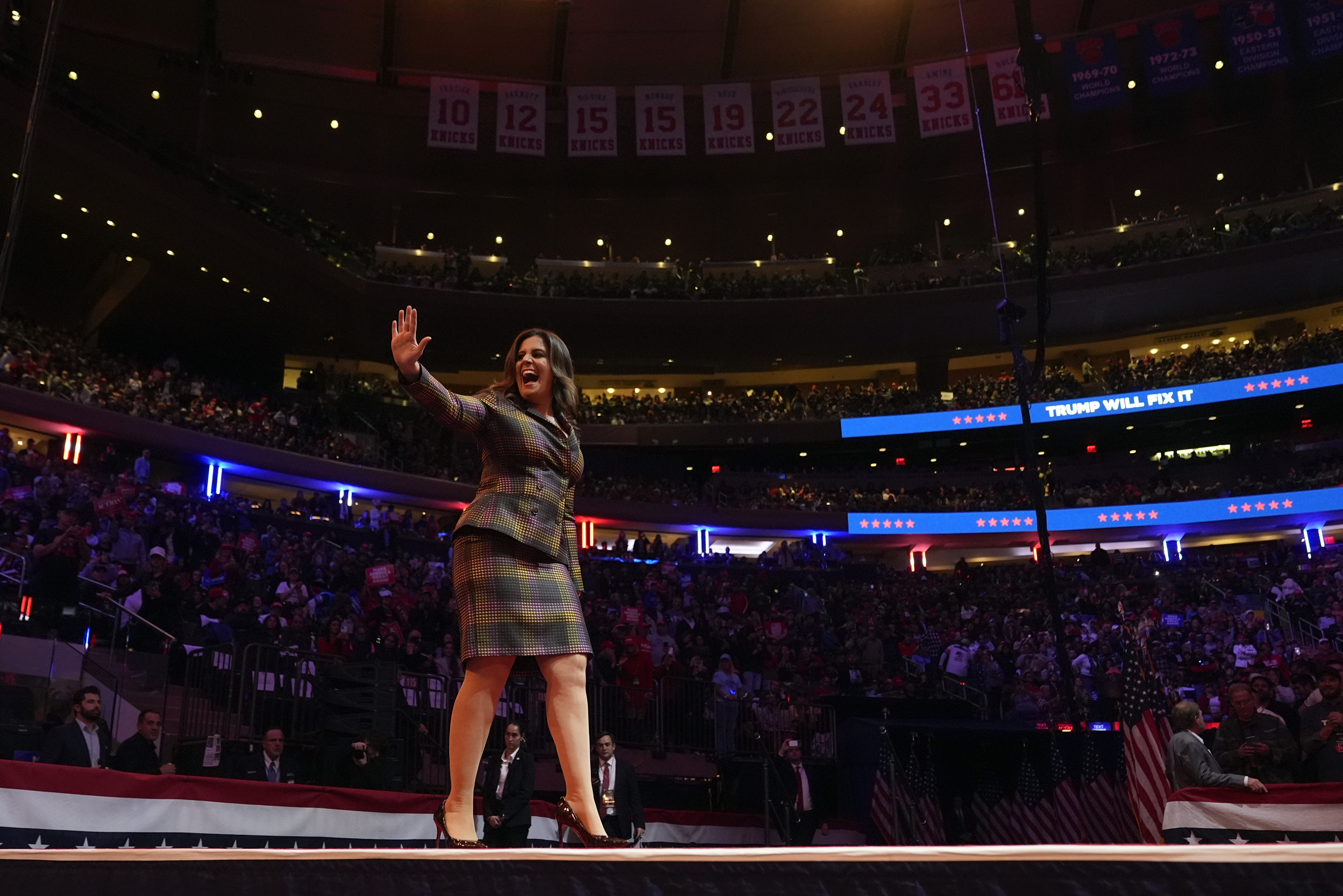 Rep. Elise Stefanik, R-N.Y., speaks before Republican presidential nominee former President Donald Trump at a campaign rally at Madison Square Garden, Sunday, Oct. 27, 2024, in New York. (AP Photo/Alex Brandon)