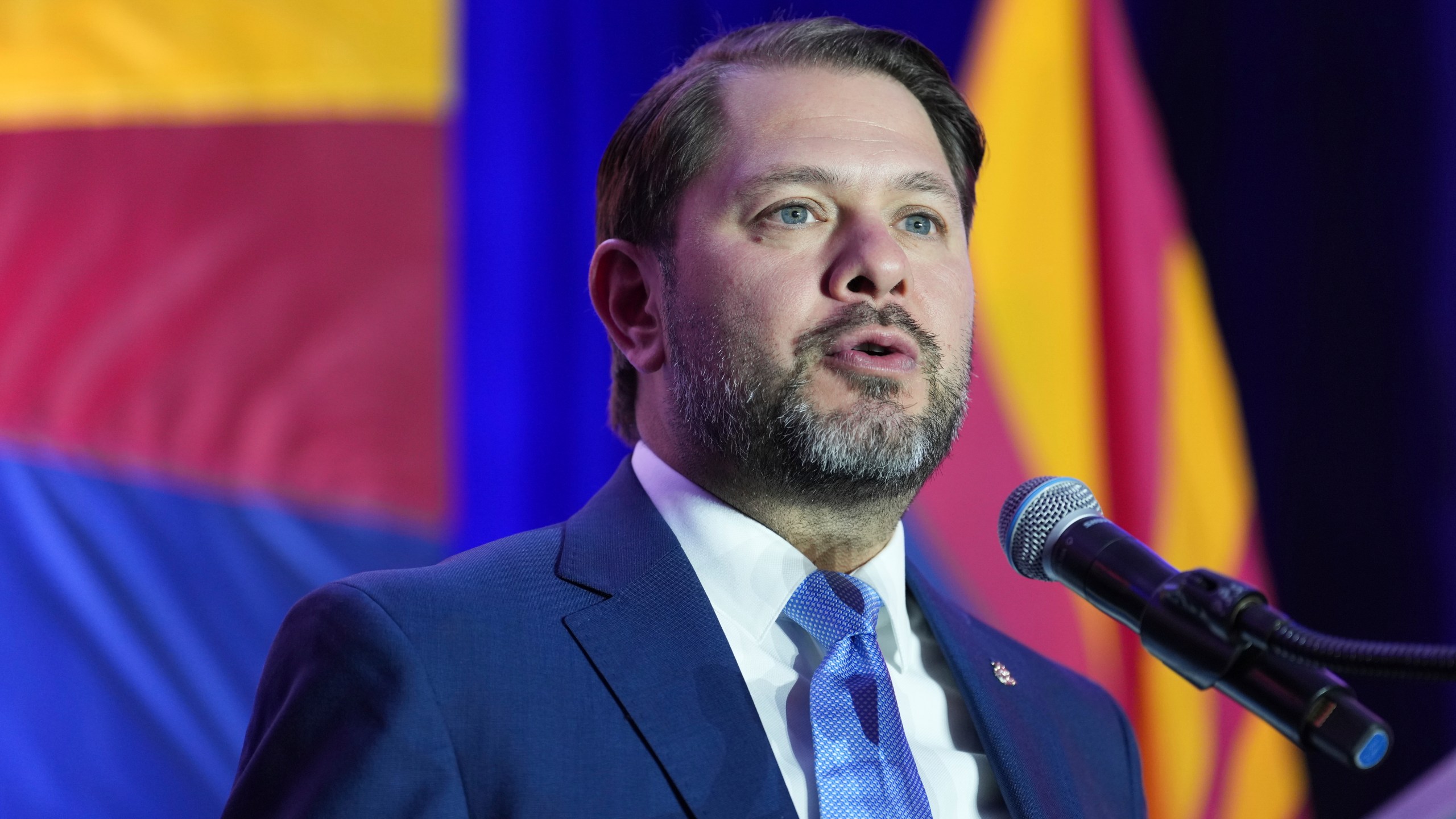 Arizona Democratic Senate candidate Rep. Ruben Gallego, D-Ariz., speaks during a watch party on election night Tuesday, Nov. 5, 2024, in Phoenix. (AP Photo/Ross D. Franklin)