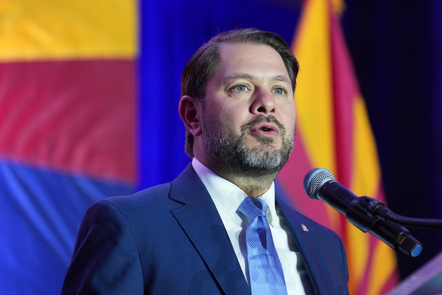 Arizona Democratic Senate candidate Rep. Ruben Gallego, D-Ariz., speaks during a watch party on election night Tuesday, Nov. 5, 2024, in Phoenix. (AP Photo/Ross D. Franklin)