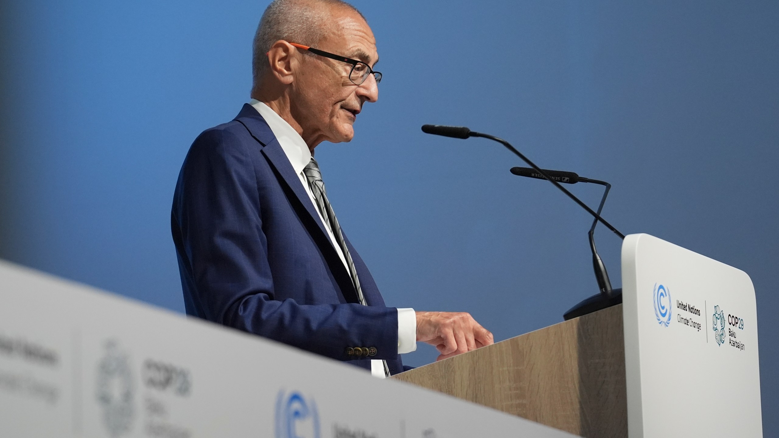 John Podesta, U.S. climate envoy, speaks during a news conference at the COP29 U.N. Climate Summit, Monday, Nov. 11, 2024, in Baku, Azerbaijan. (AP Photo/Joshua A. Bickel)