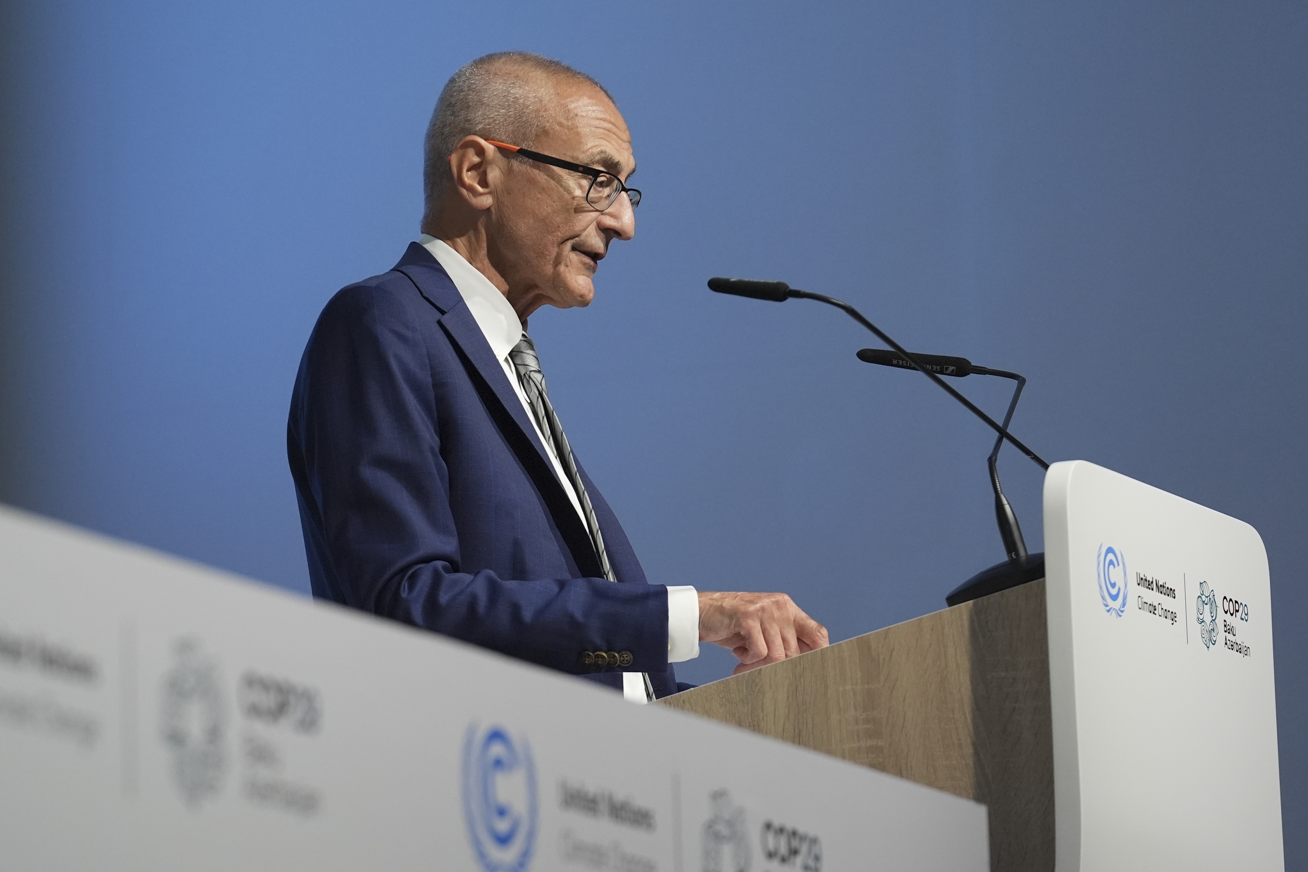 John Podesta, U.S. climate envoy, speaks during a news conference at the COP29 U.N. Climate Summit, Monday, Nov. 11, 2024, in Baku, Azerbaijan. (AP Photo/Joshua A. Bickel)