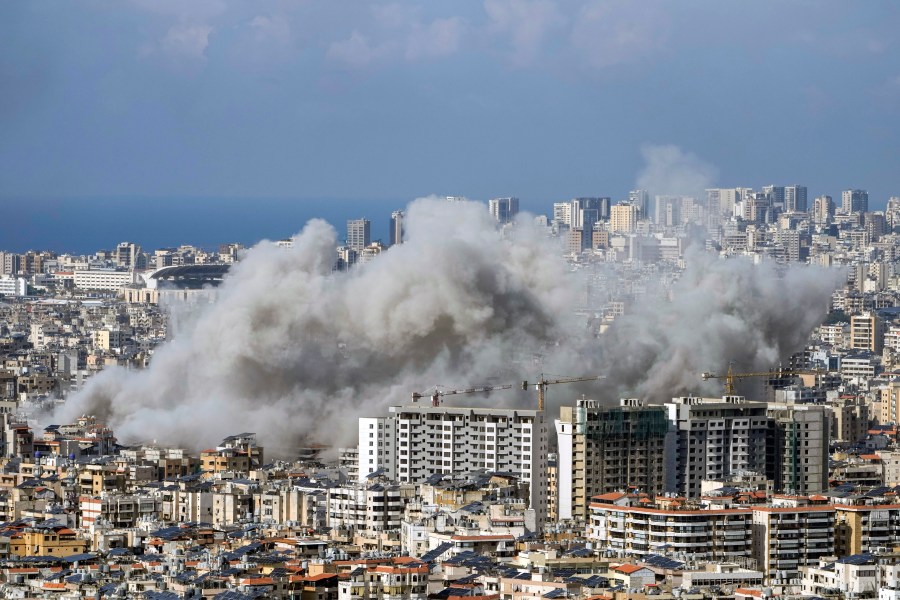 Smoke rises after an Israeli airstrike on Dahiyeh, in the southern suburb of Beirut, Lebanon, Tuesday, Nov. 12, 2024. (AP Photo/Bilal Hussein)