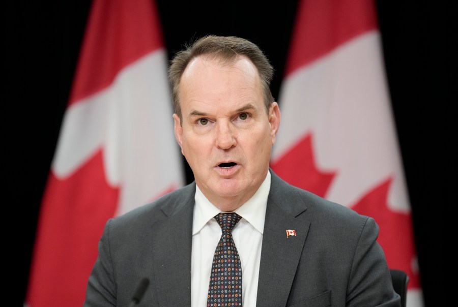 Canada Labour Minister Steven MacKinnon speaks with media during a news conference, Tuesday, Nov. 12, 2024, in Ottawa. (Adrian Wyld/The Canadian Press via AP)