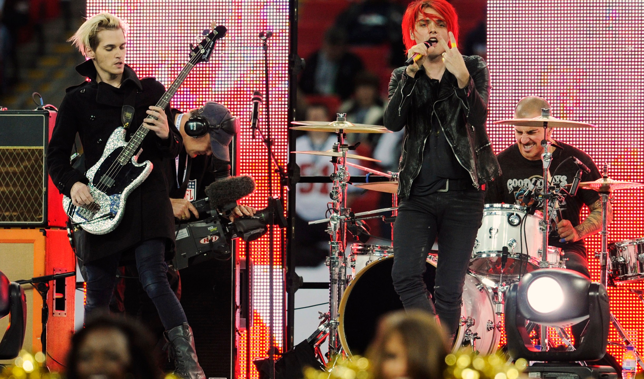 FILE - My Chemical Romance performs during the pre-game show for the NFL Football game between the Denver Broncos and San Francisco 49ers at Wembley Stadium in London on Oct. 31, 2010. (AP Photo/Tom Hevezi, File)