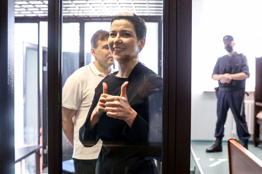 FILE - In this picture taken on Aug. 4, 2021, Belarus' opposition activists Maria Kolesnikova attends a court hearing in Minsk, Belarus. (Ramil Nasibulin/BelTA pool photo via AP, File)