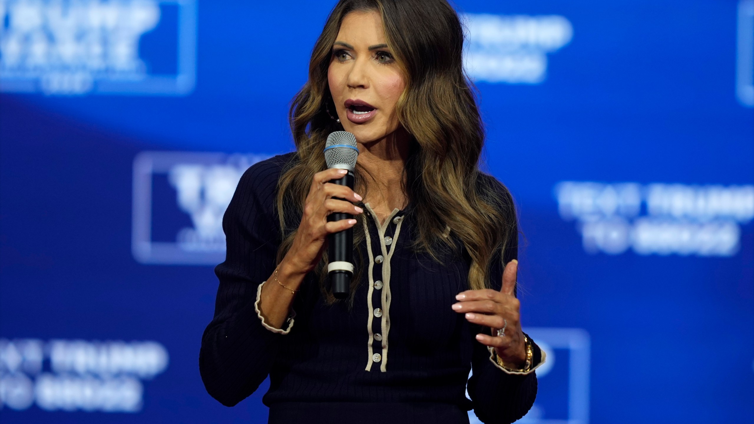 FILE - South Dakota Gov. Kristi Noem speaks before Republican presidential nominee former President Donald Trump at a campaign town hall, Oct. 14, 2024, in Oaks, Pa. (AP Photo/Matt Rourke, File)