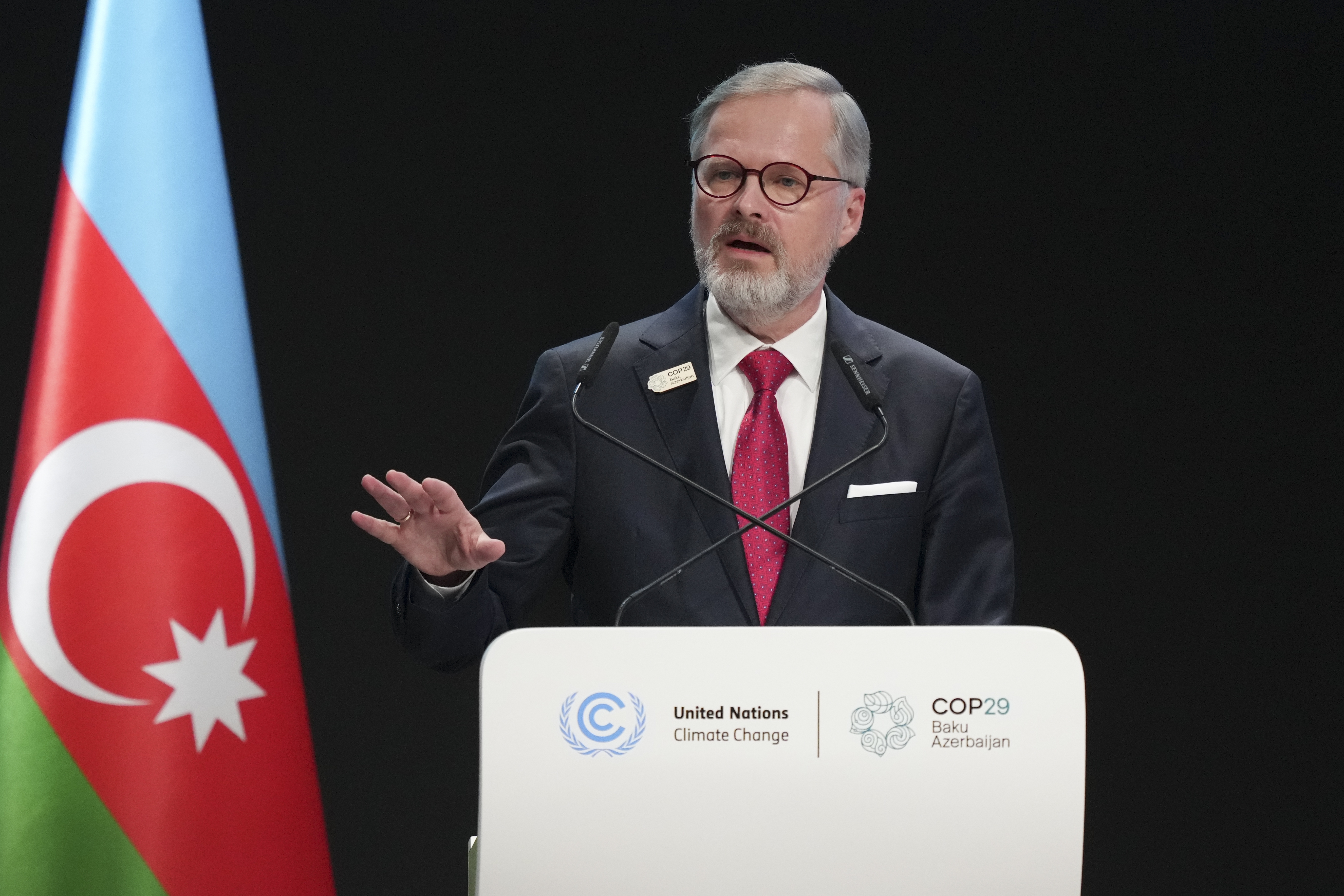 Czech Republic Prime Minister Petr Fiala speaks during a plenary session at the COP29 U.N. Climate Summit, Wednesday, Nov. 13, 2024, in Baku, Azerbaijan. (AP Photo/Sergei Grits)