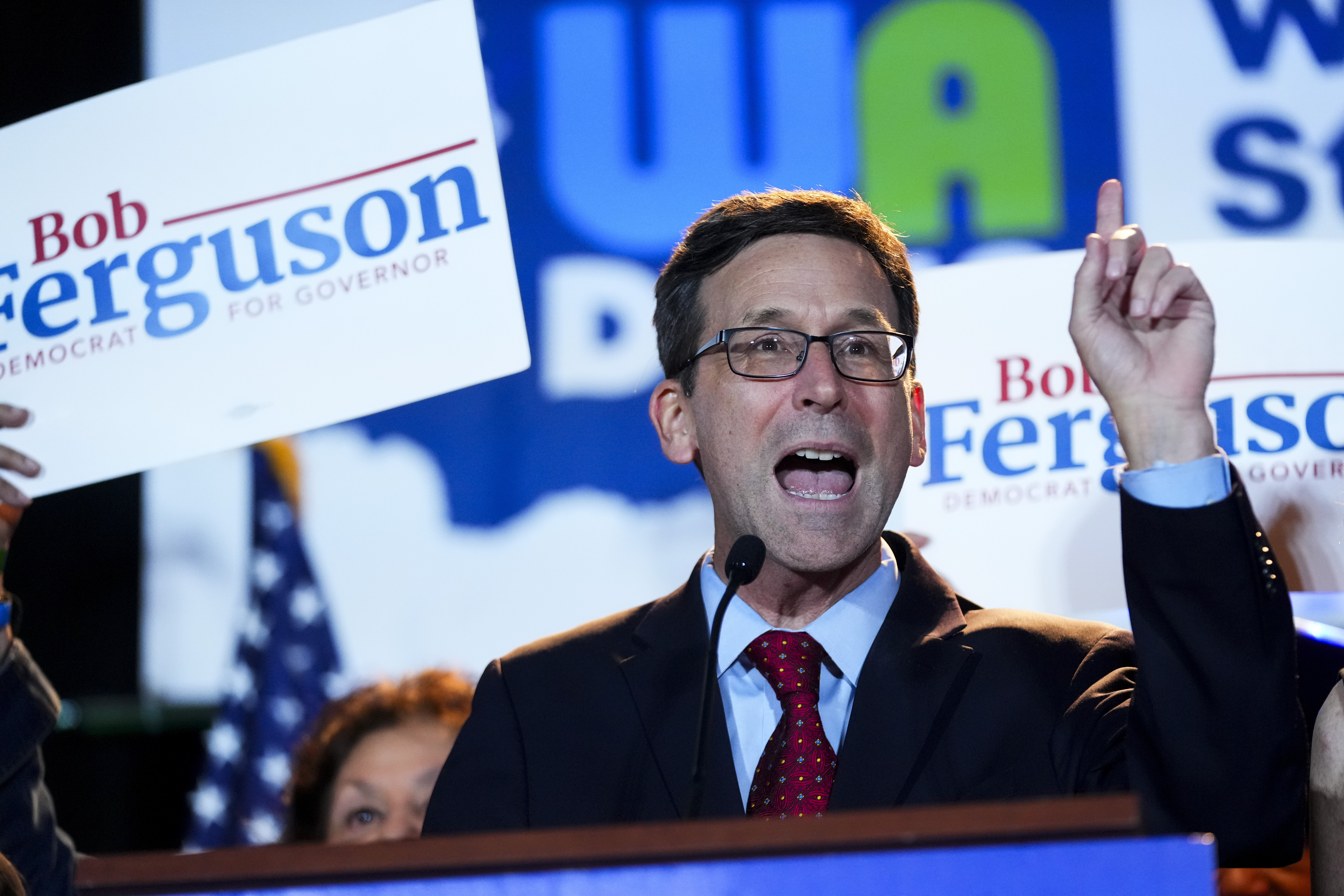 FILE - Democratic Washington gubernatorial candidate Attorney General Bob Ferguson speaks to supporters at the Washington State Democrats election night party on Election Day, Tuesday, Nov. 5, 2024, in Seattle. (AP Photo/Lindsey Wasson, File)