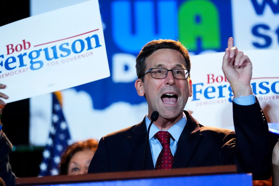 FILE - Democratic Washington gubernatorial candidate Attorney General Bob Ferguson speaks to supporters at the Washington State Democrats election night party on Election Day, Tuesday, Nov. 5, 2024, in Seattle. (AP Photo/Lindsey Wasson, File)