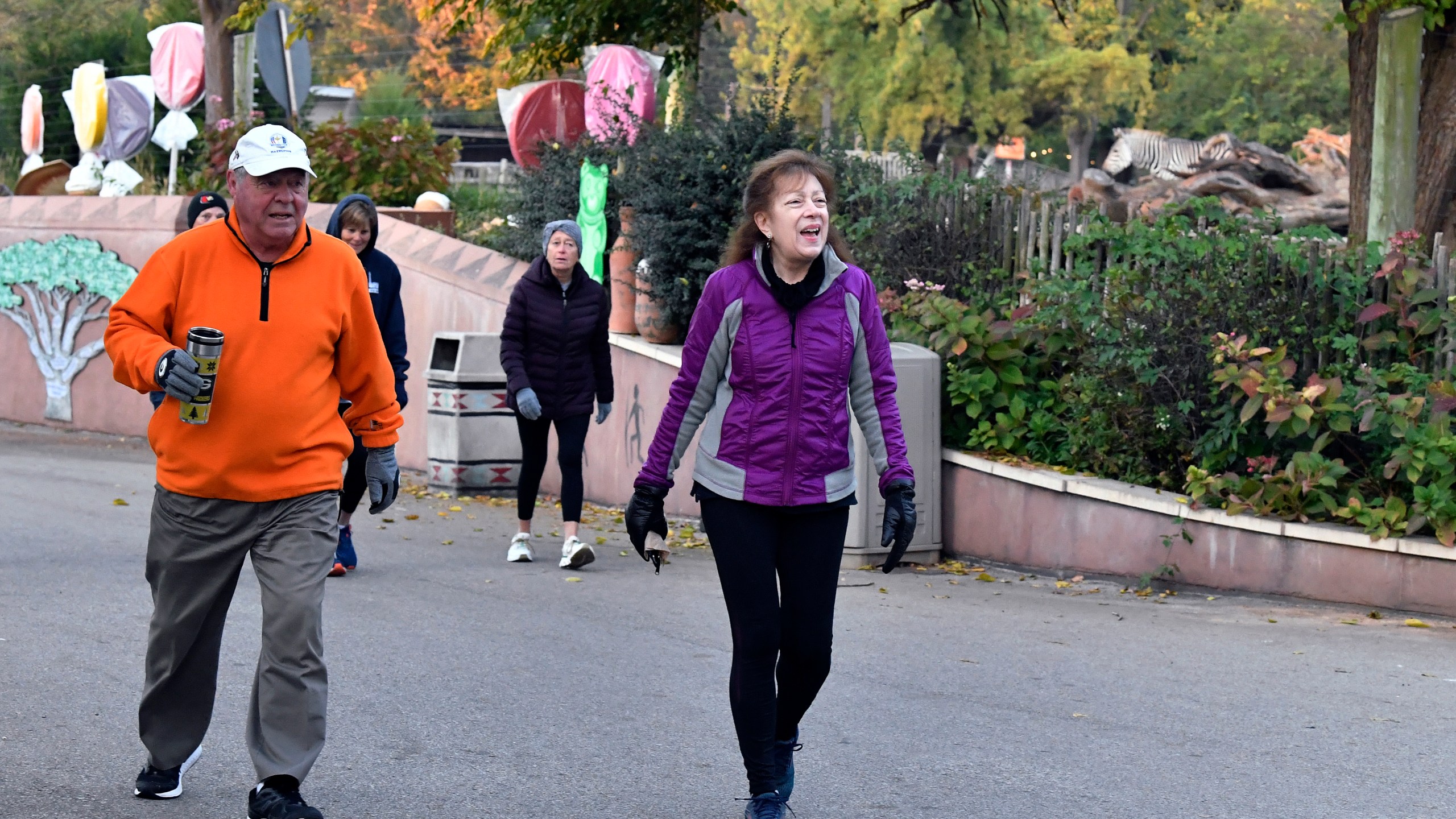 Members of the Get Healthy Walking Club walk the paths past the animal enclosures during the morning at the Louisville Zoo in Louisville, Ky., Friday, Oct. 18, 2024. (AP Photo/Timothy D. Easley)