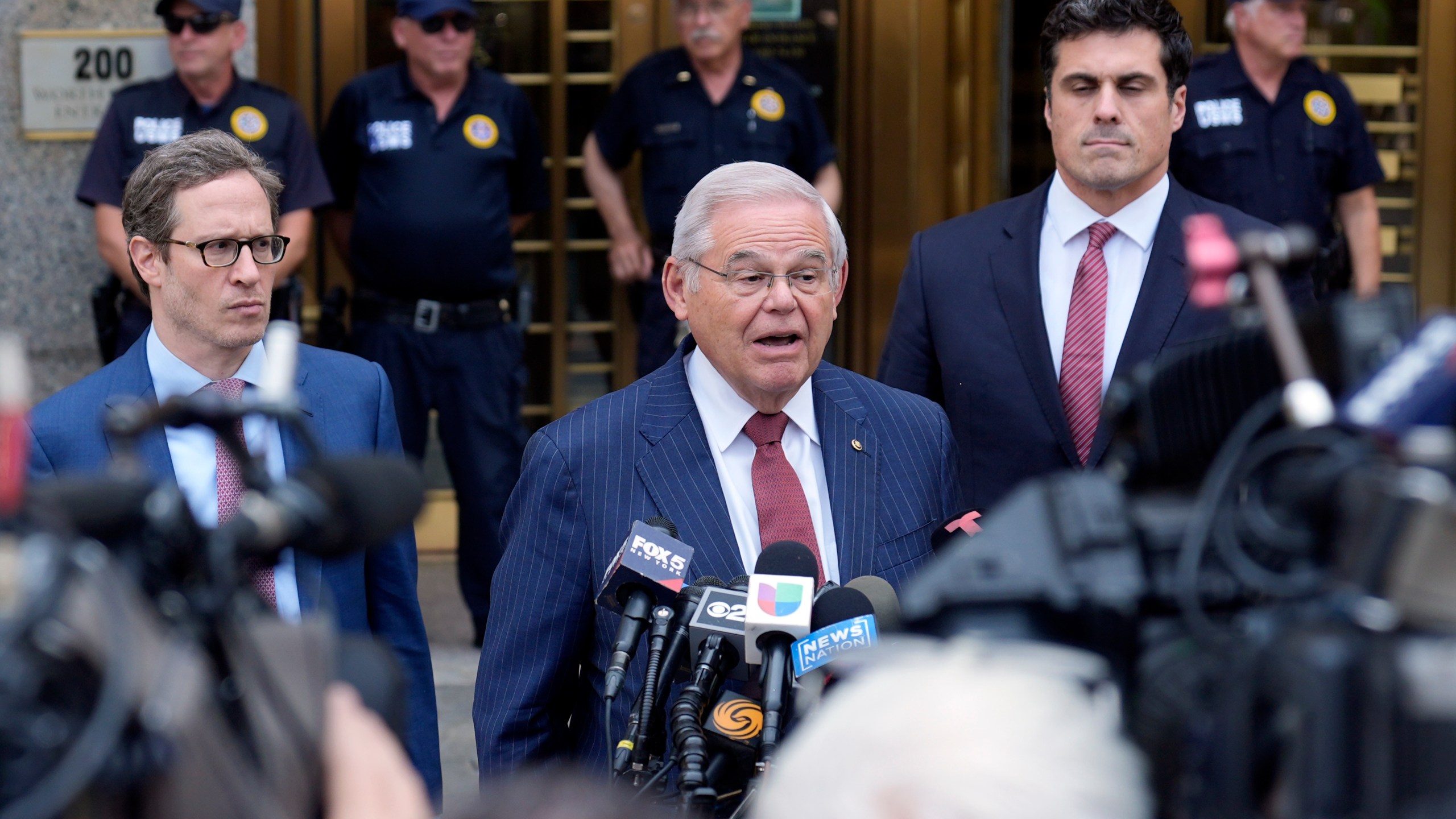 FILE - Sen. Bob Menendez, D-N.J., leaves federal court after being convicted of all the charges he faced at his corruption trial, in New York, July 16, 2024. (AP Photo/Seth Wenig, File)