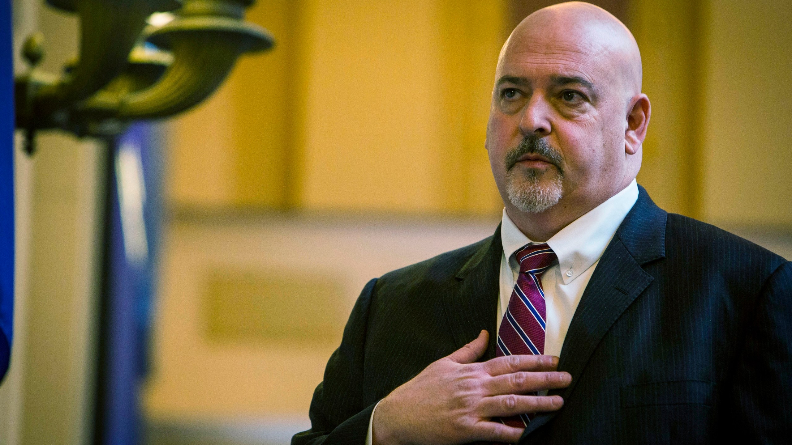 FILE - House Speaker Todd C. Gilbert R-Woodstock leads the House of Delegates in the Pledge of Allegiance during the first day of 2023 legislative session at the Virginia State Capitol Building in Richmond, Va. on Wednesday, Jan. 11, 2023. (AP Photo/John C. Clark, File)