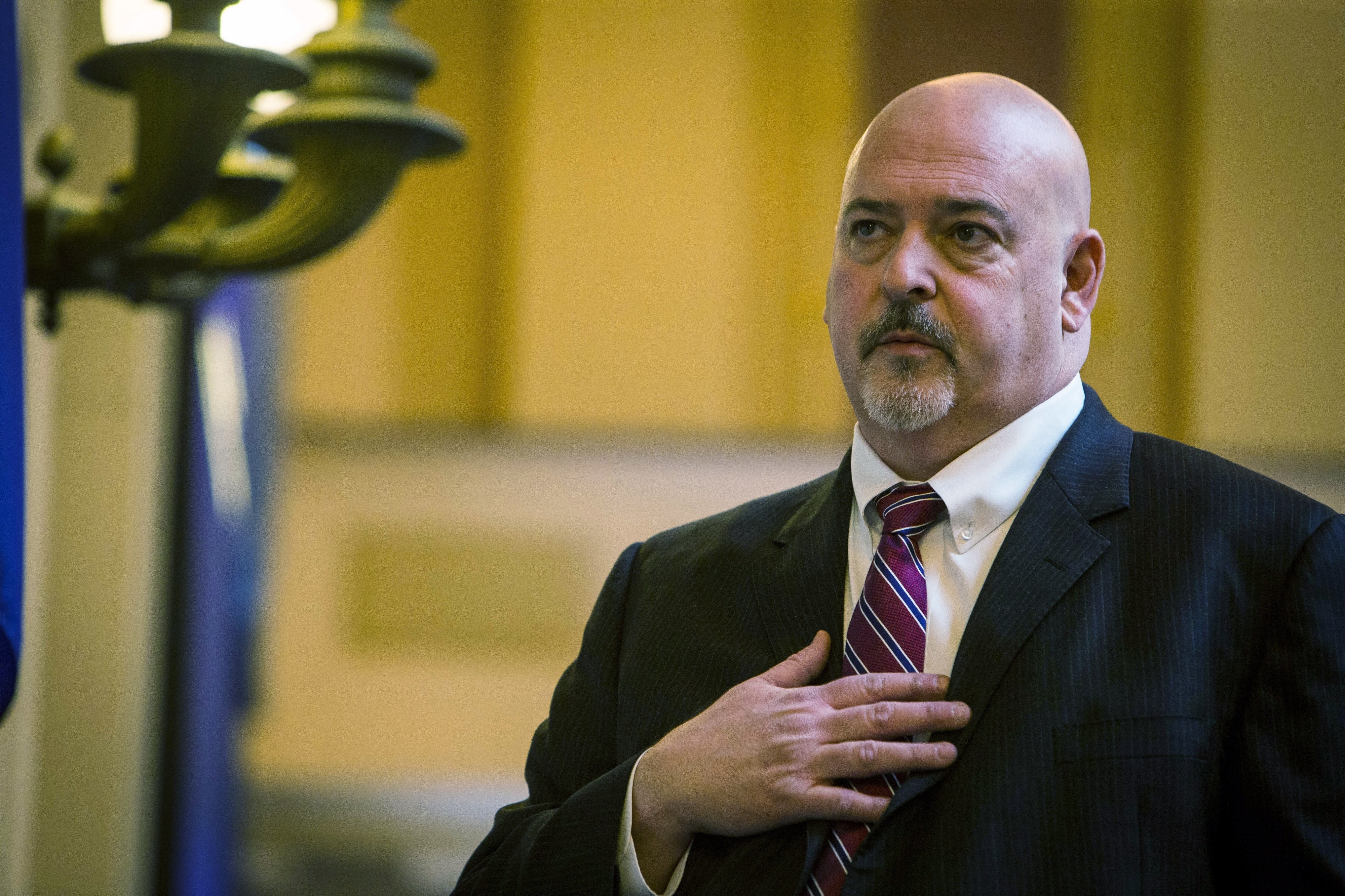 FILE - House Speaker Todd C. Gilbert R-Woodstock leads the House of Delegates in the Pledge of Allegiance during the first day of 2023 legislative session at the Virginia State Capitol Building in Richmond, Va. on Wednesday, Jan. 11, 2023. (AP Photo/John C. Clark, File)