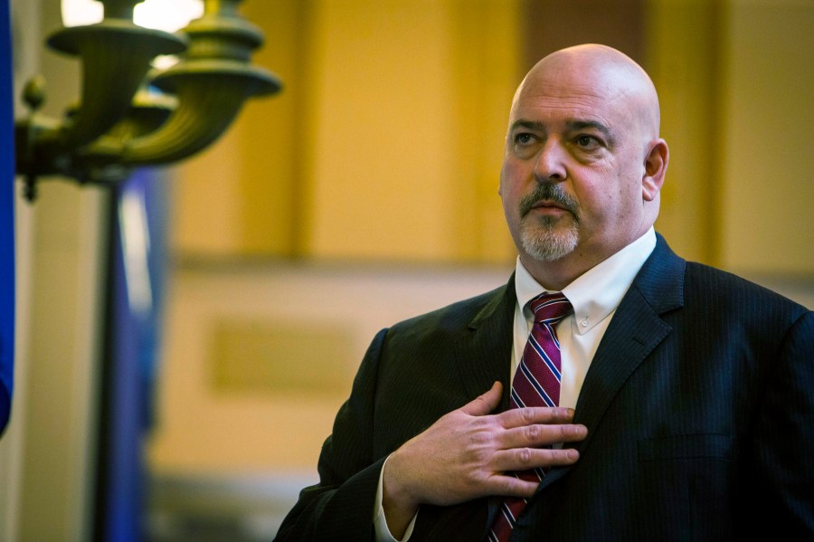 FILE - House Speaker Todd C. Gilbert R-Woodstock leads the House of Delegates in the Pledge of Allegiance during the first day of 2023 legislative session at the Virginia State Capitol Building in Richmond, Va. on Wednesday, Jan. 11, 2023. (AP Photo/John C. Clark, File)