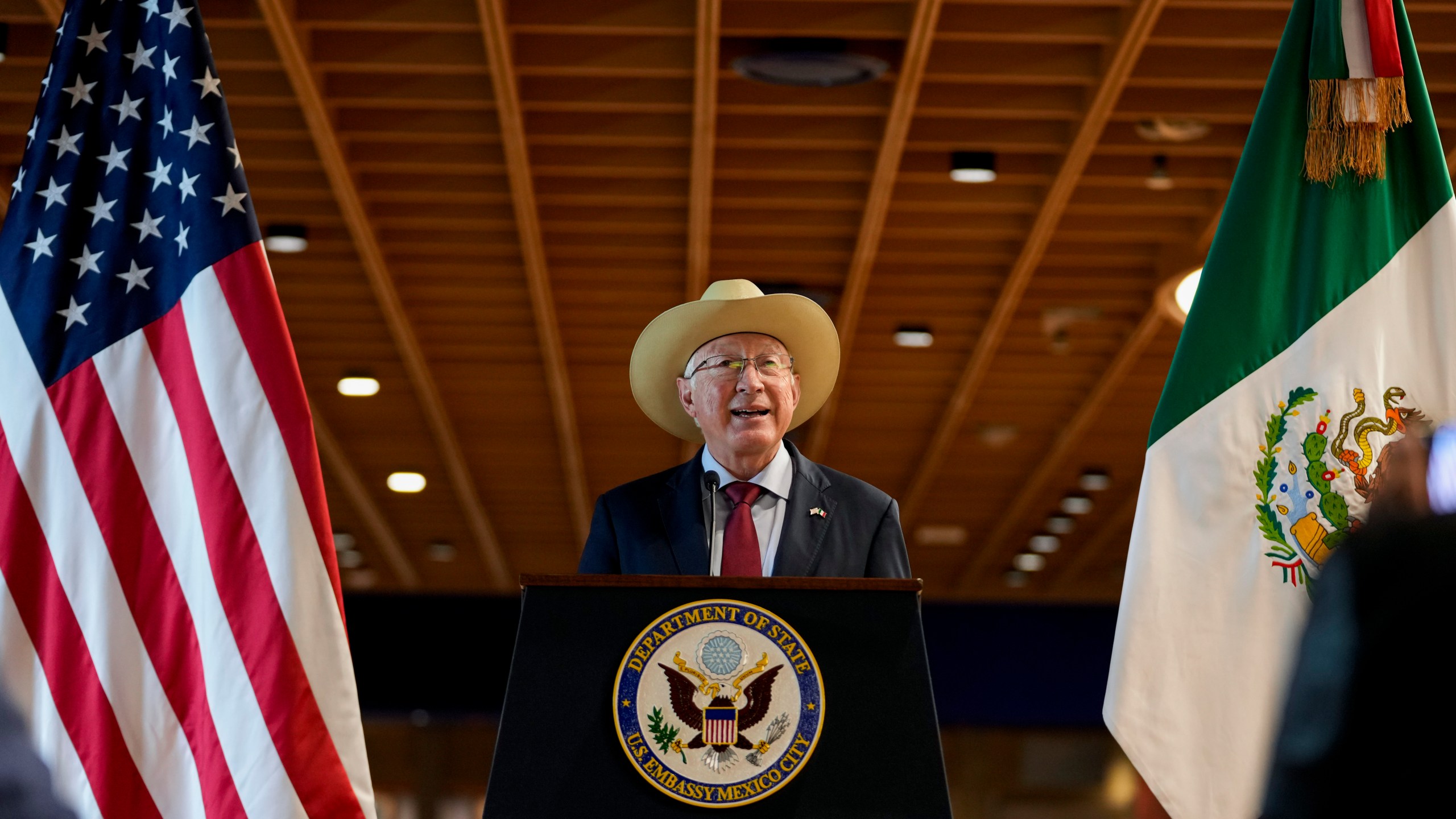 FILE - U.S. Ambassador to Mexico Ken Salazar speaks during a press conference at the new embassy still under construction, in Mexico City, Oct. 29, 2024. (AP Photo/Moises Castillo, File)