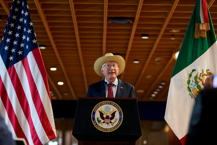 FILE - U.S. Ambassador to Mexico Ken Salazar speaks during a press conference at the new embassy still under construction, in Mexico City, Oct. 29, 2024. (AP Photo/Moises Castillo, File)