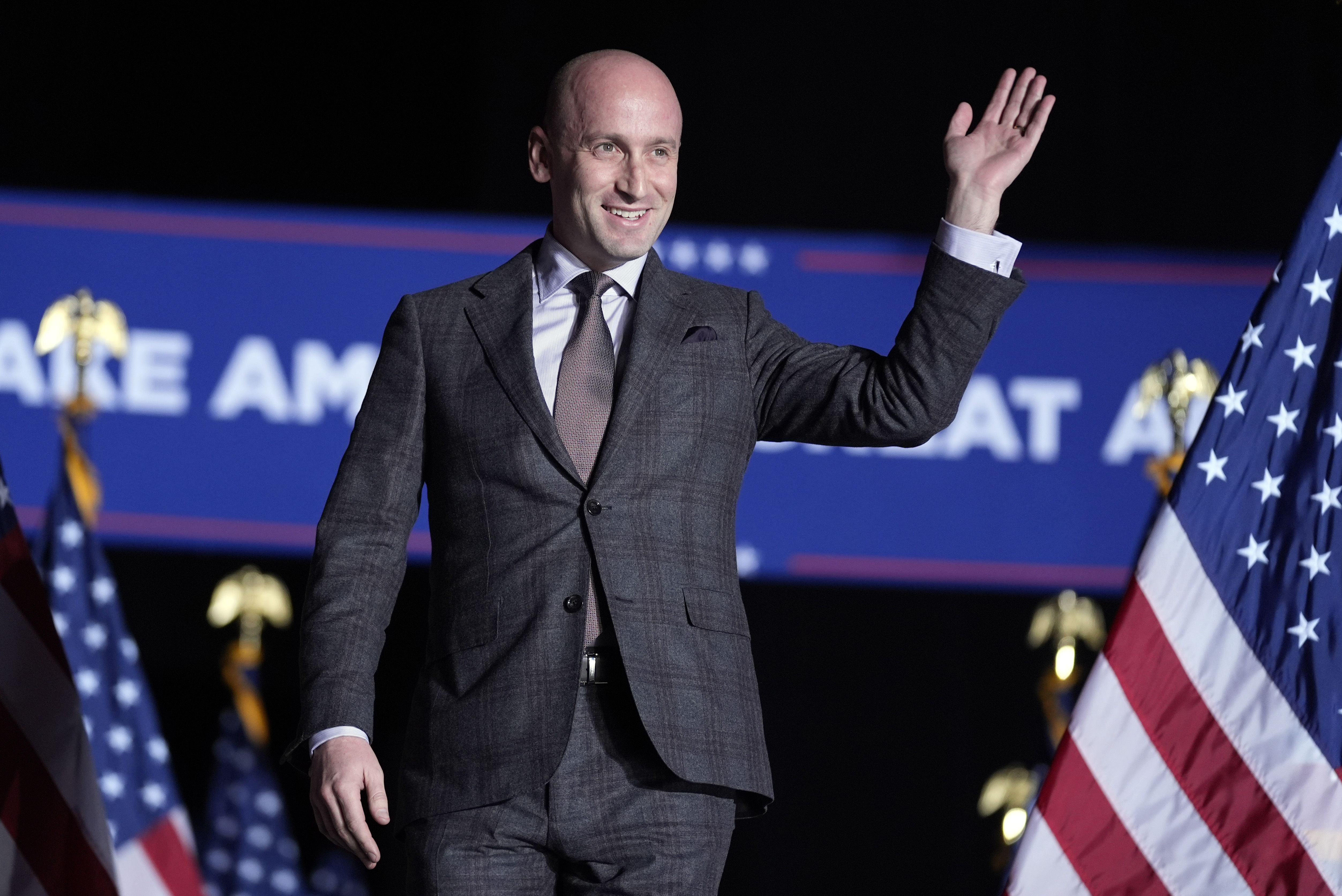 FILE - Stephen Miller arrives before Republican presidential nominee former President Donald Trump speaks during a campaign rally, Friday, Oct. 18, 2024, in Detroit. (AP Photo/Evan Vucci, File)