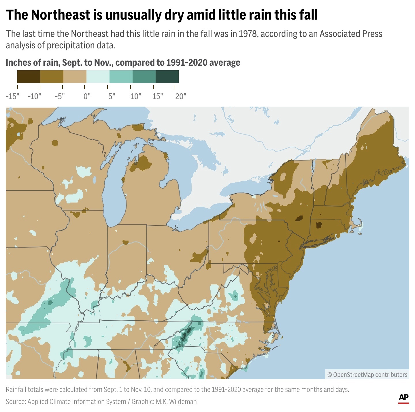 A map shows unusually low rainfall in the Northeast during September, October and half of November. The last time the Northeast had this little rain in the fall was in 1978, according to an Associated Press analysis of precipitation data. (AP Digital Embed)