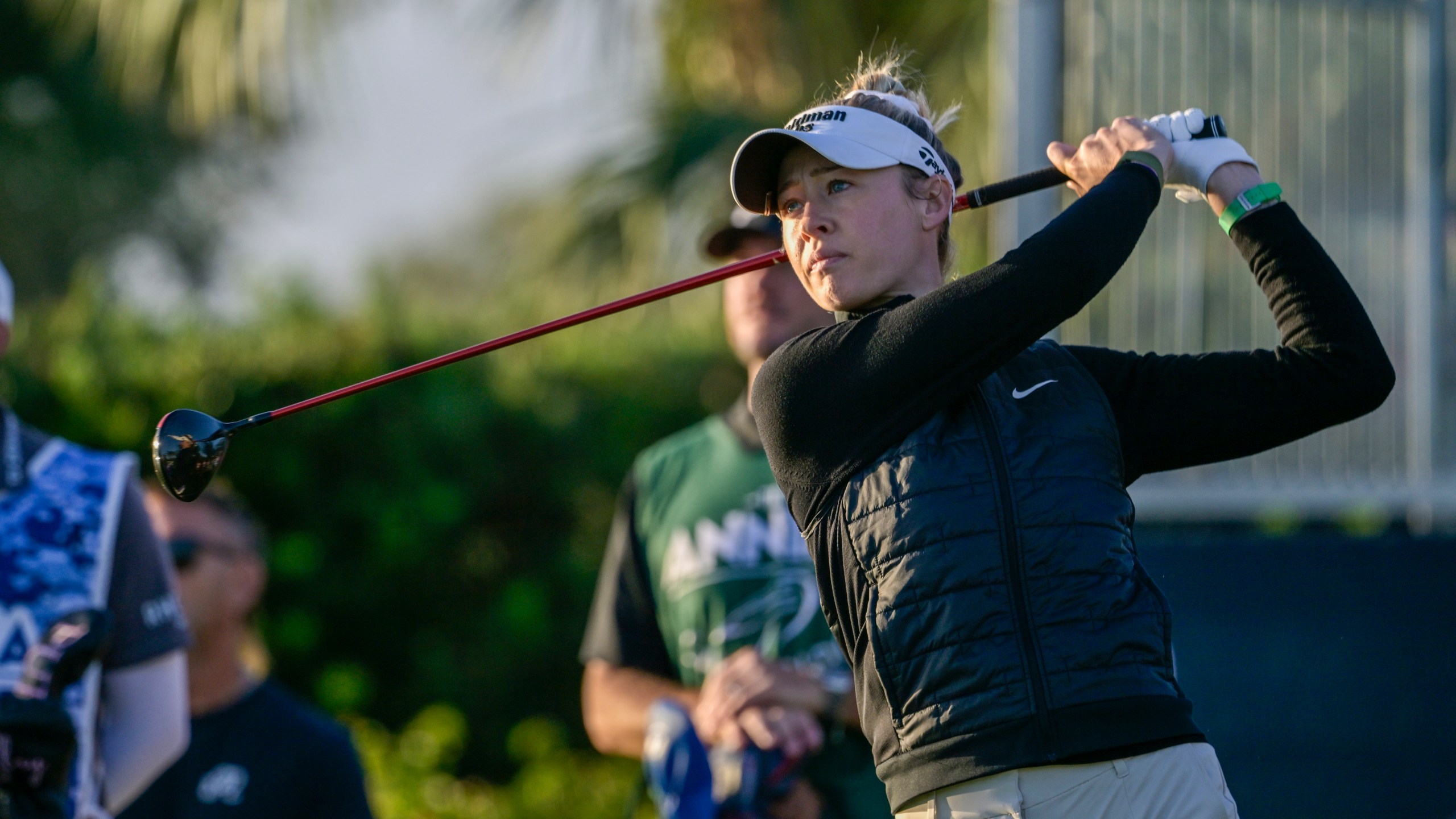 Nelly Korda watches her drive on the first hole during the first round of The Annika golf tournament at Pelican Golf Club, Thursday, Nov. 14, 2024, in Belleair, Fla. (AP Photo/Steve Nesius)