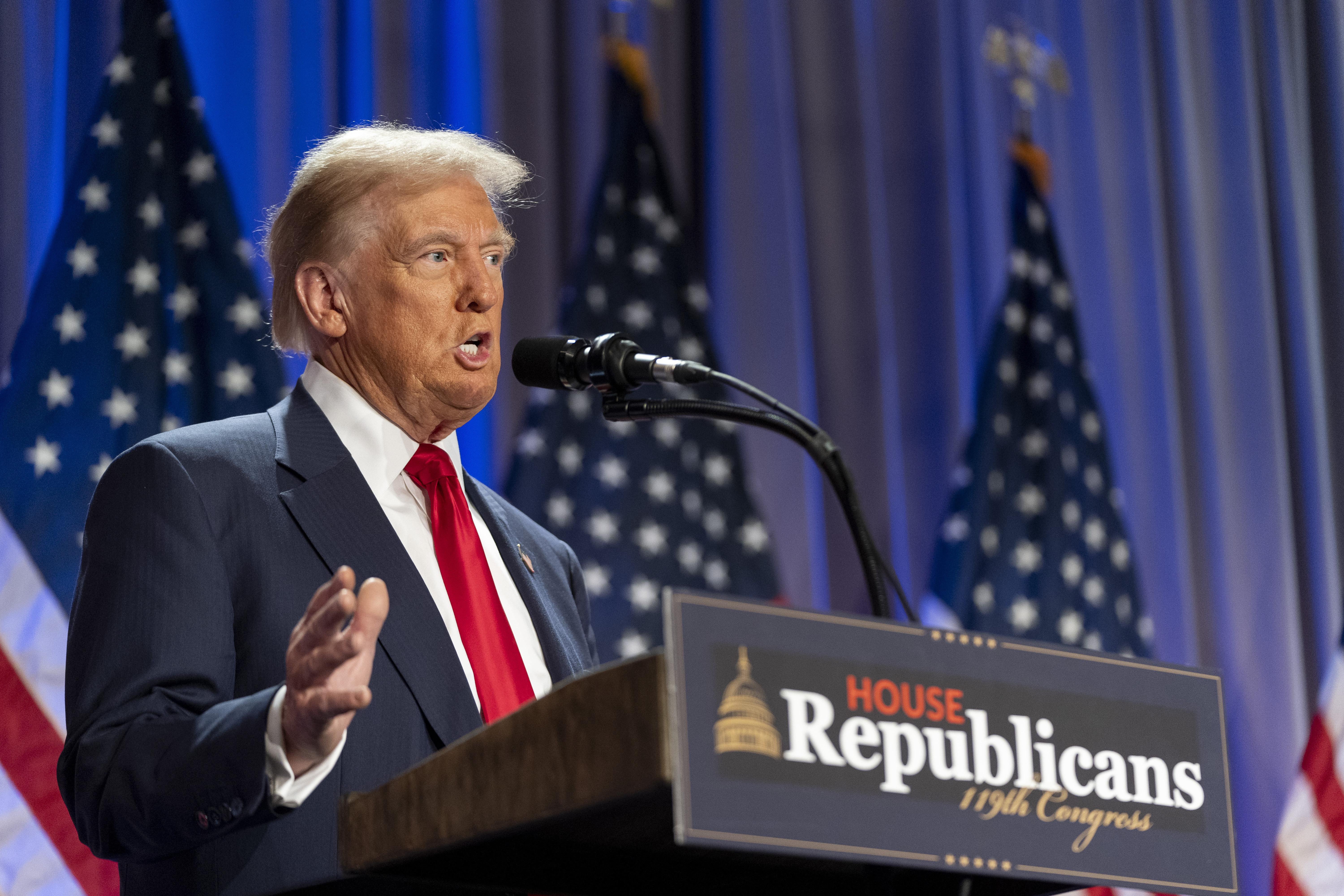 President-elect Donald Trump speaks at meeting of the House GOP conference, Wednesday, Nov. 13, 2024, in Washington. (AP Photo/Alex Brandon)