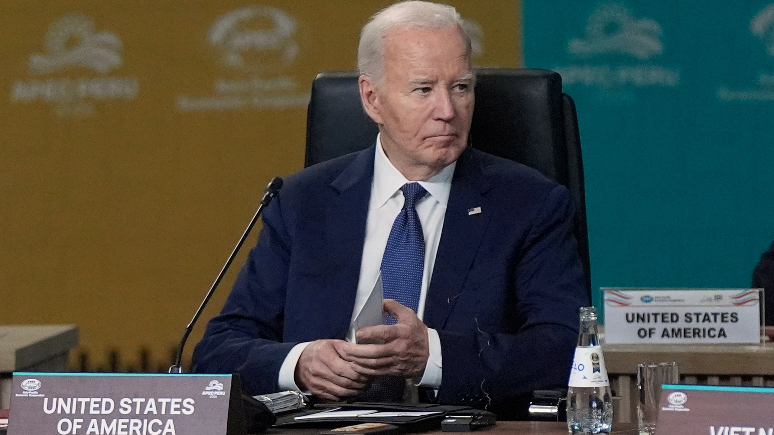 President Joe Biden listens during the APEC Leaders' Informal Dialogue at the APEC Summit in Lima, Peru, Friday, Nov. 15, 2024. (AP Photo/Manuel Balce Ceneta)