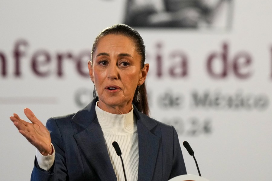 FILE - Mexican President Claudia Sheinbaum gives a media briefing from the National Palace in Mexico City, Oct. 2, 2024, the morning after her inauguration. (AP Photo/Fernando Llano, File)