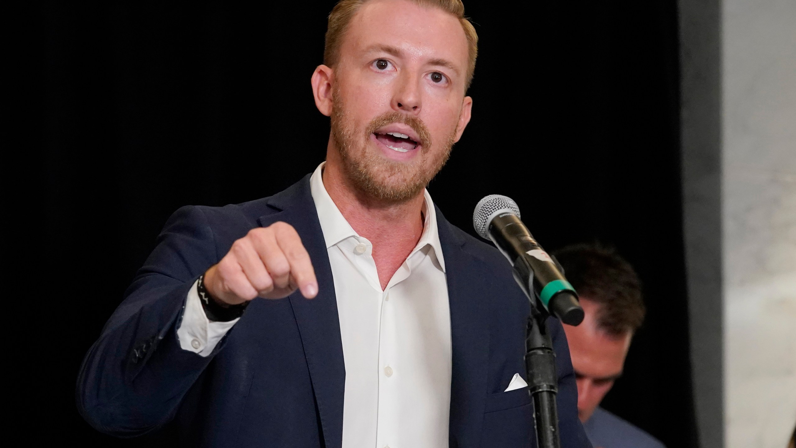 FILE - Ryan Walters, Republican state superintendent candidate, speaks, June 28, 2022, in Oklahoma City. (AP Photo/Sue Ogrocki, File)