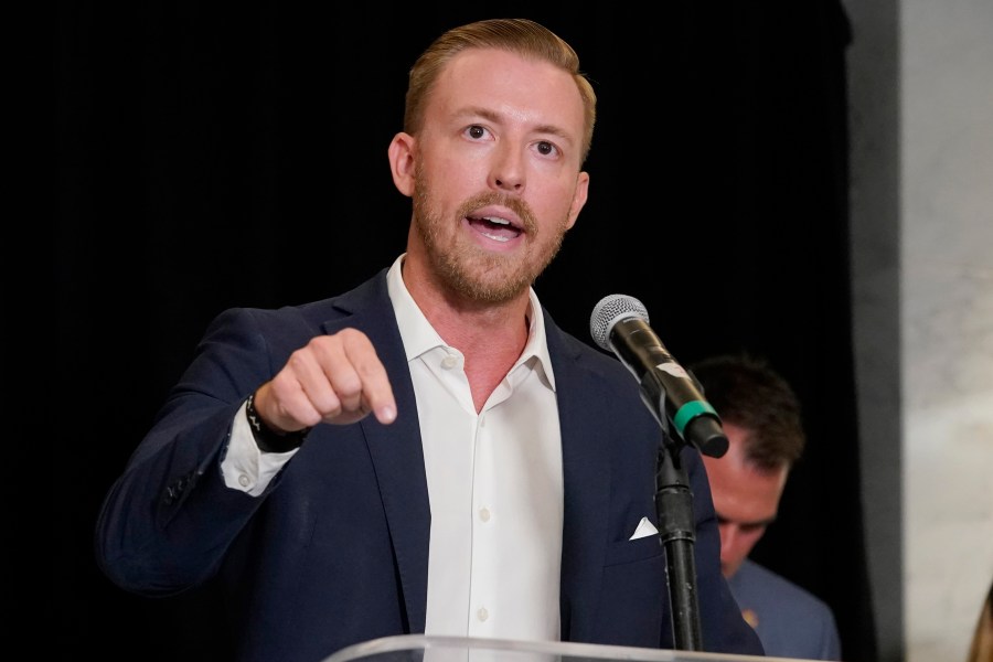 FILE - Ryan Walters, Republican state superintendent candidate, speaks, June 28, 2022, in Oklahoma City. (AP Photo/Sue Ogrocki, File)