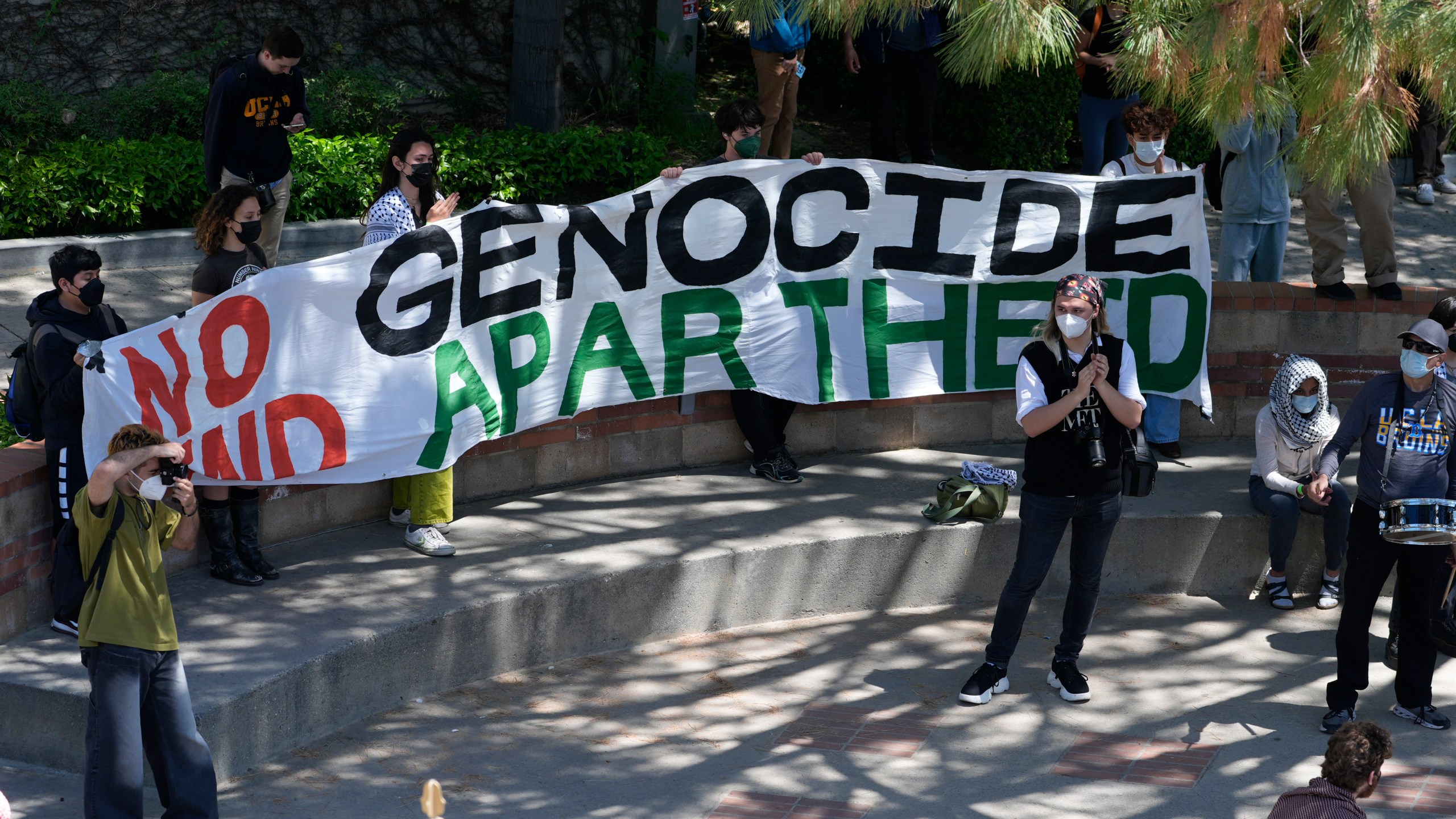 FILE - Students gather on the UCLA campus to protest the Israel-Hamas war, Monday, April 29, 2024, in Los Angeles. (AP Photo/Damian Dovarganes, File)