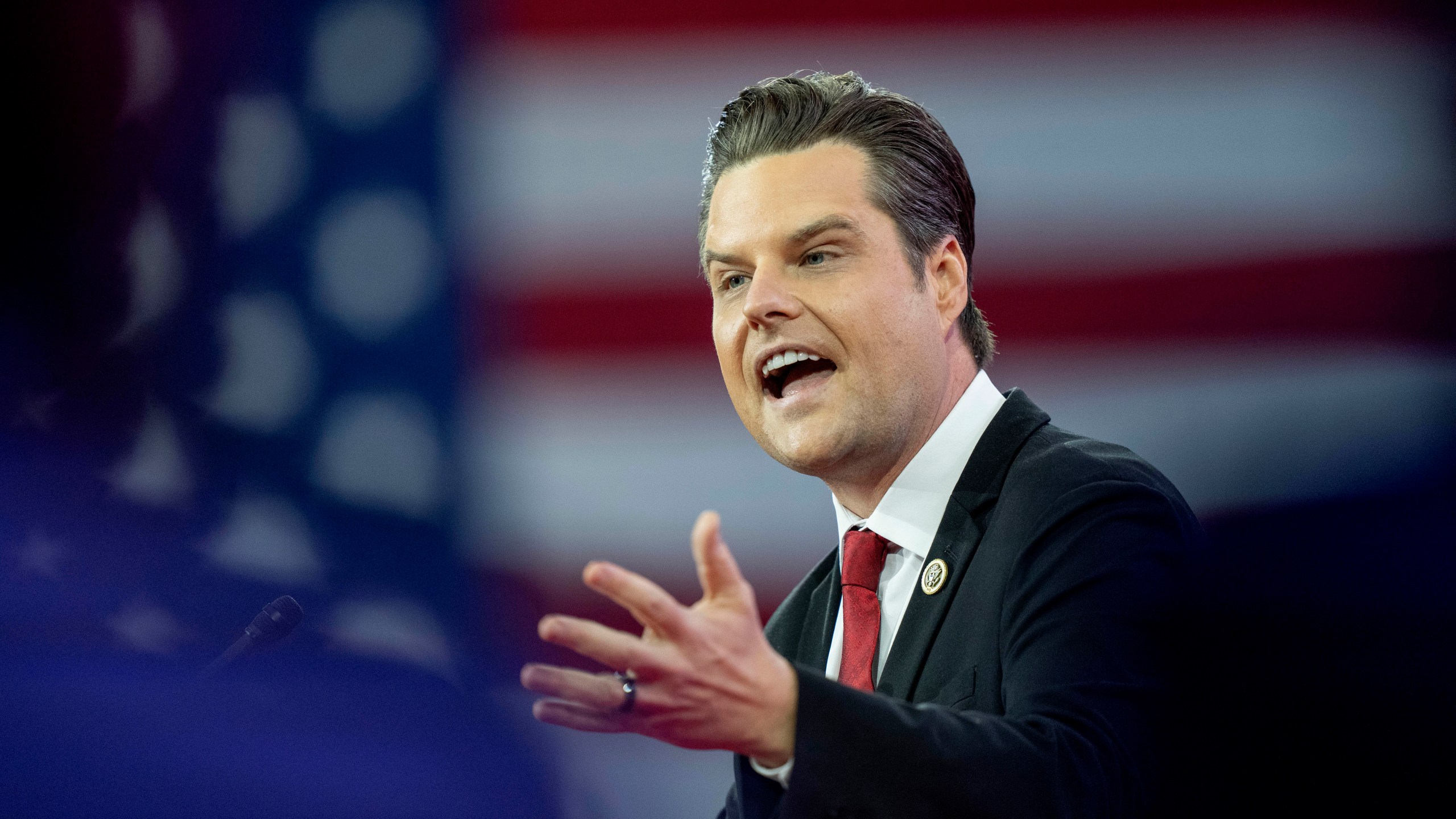 FILE - Rep. Matt Gaetz, R-Fla., speaks during the Conservative Political Action Conference, CPAC 2024, at the National Harbor, in Oxon Hill, Md., Feb. 23, 2024. (AP Photo/Alex Brandon, File)