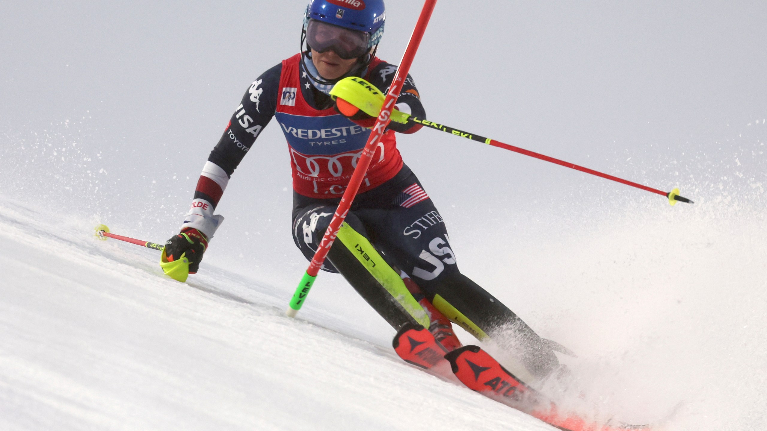 United States' Mikaela Shiffrin speeds down the course during an alpine ski, women's World Cup slalom, in Levi, Finland, Saturday, Nov. 16, 2024. (AP Photo/Marco Trovati)