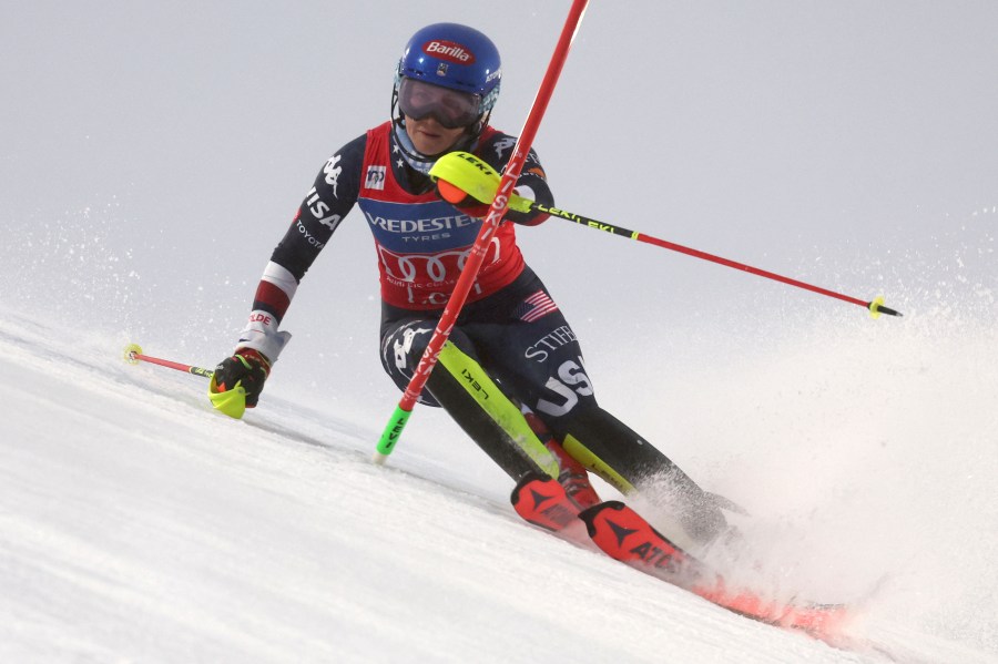 United States' Mikaela Shiffrin speeds down the course during an alpine ski, women's World Cup slalom, in Levi, Finland, Saturday, Nov. 16, 2024. (AP Photo/Marco Trovati)