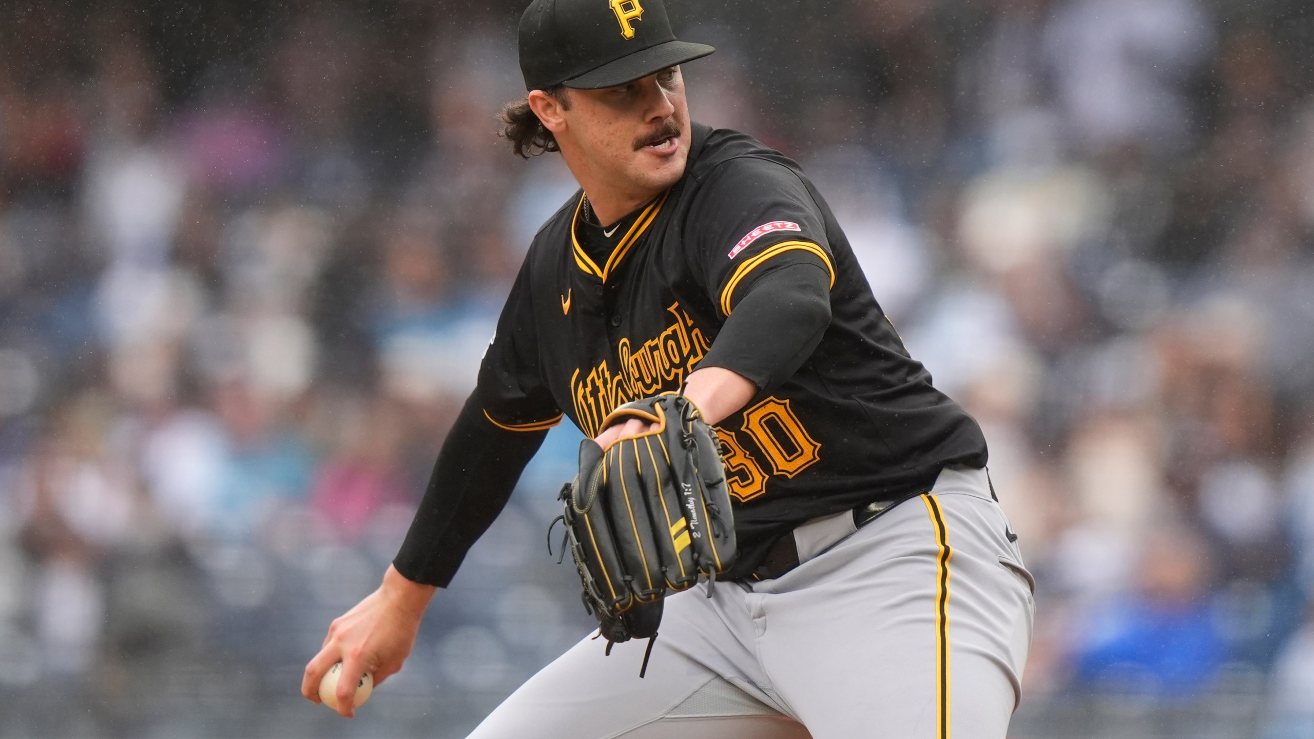 FILE - Pittsburgh Pirates pitcher Paul Skenes (30) pitches during the second inning of a baseball game against the New York Yankees, Saturday, Sept. 28, 2024, in New York. (AP Photo/Frank Franklin II, File)