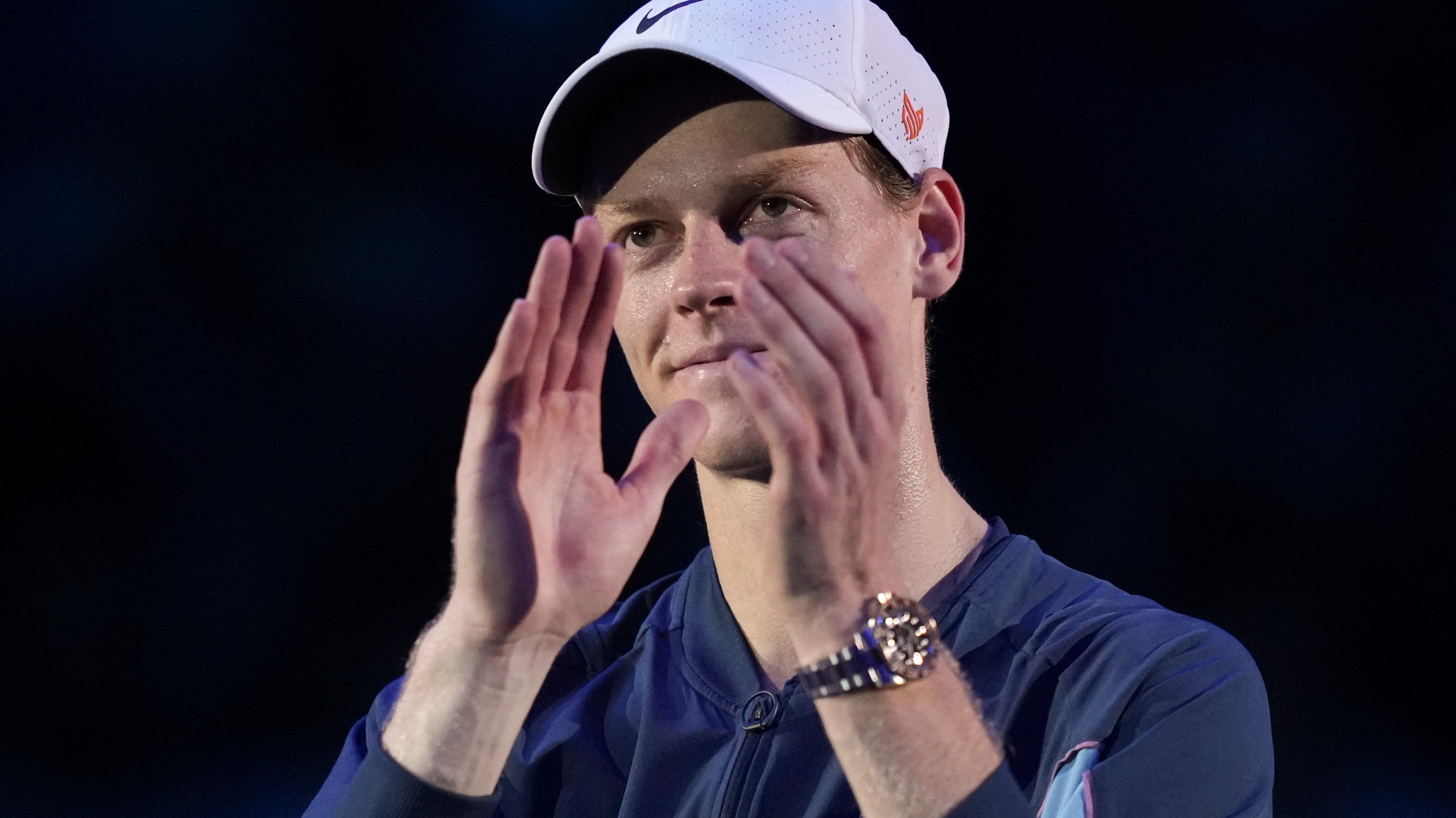 Italy's Jannik Sinner reacts after winning during the semifinal tennis match of the ATP World Tour Finals against Norway's Casper Ruud at the Inalpi Arena in Turin, Italy, Saturday, November 16, 2024. (AP Photo/Antonio Calanni)