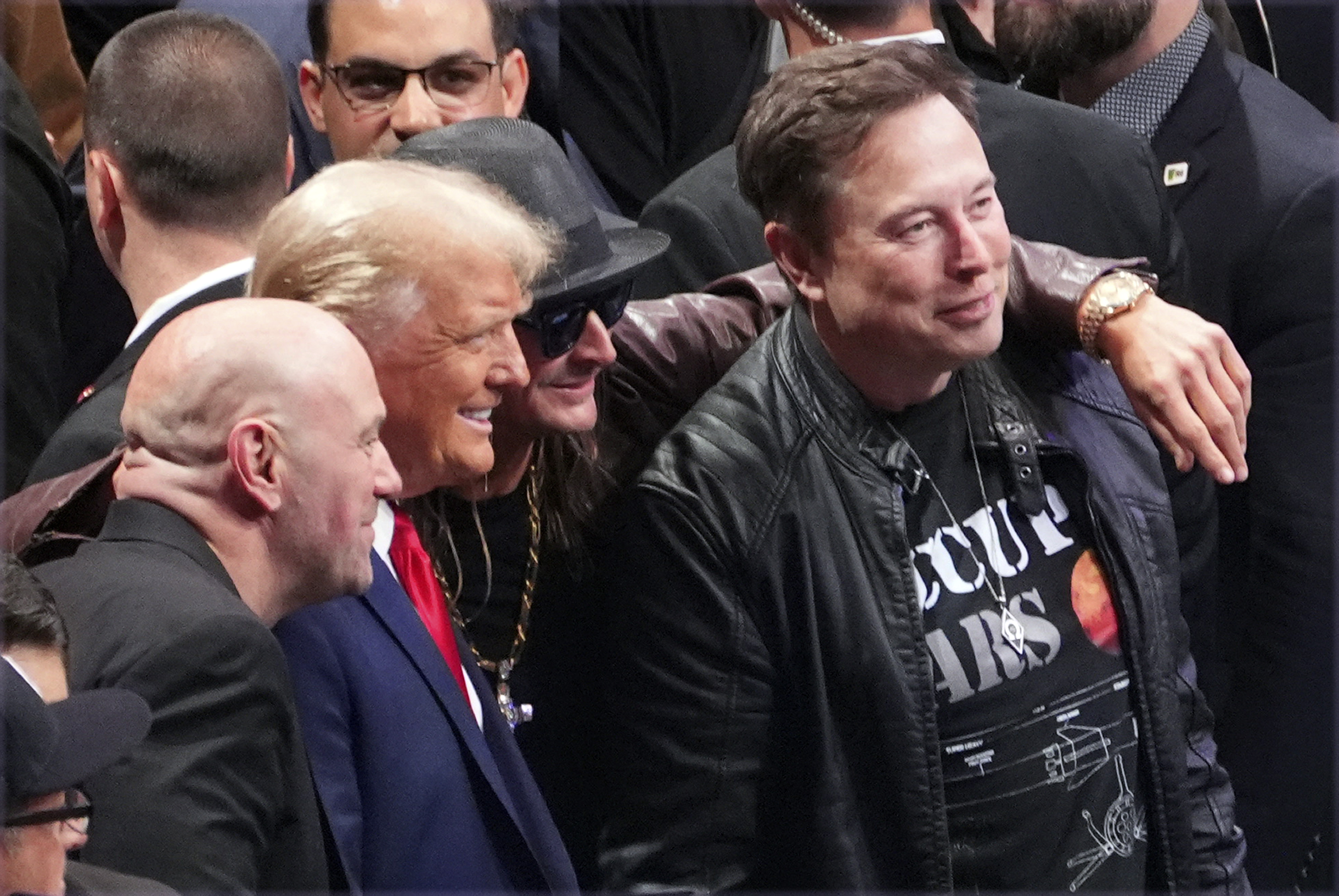 President-elect Donald Trump poses for a photo with Dana White, Kid Rock and Elon Musk at UFC 309 at Madison Square Garden, Saturday, Nov. 16, 2024, in New York. (AP Photo/Evan Vucci)