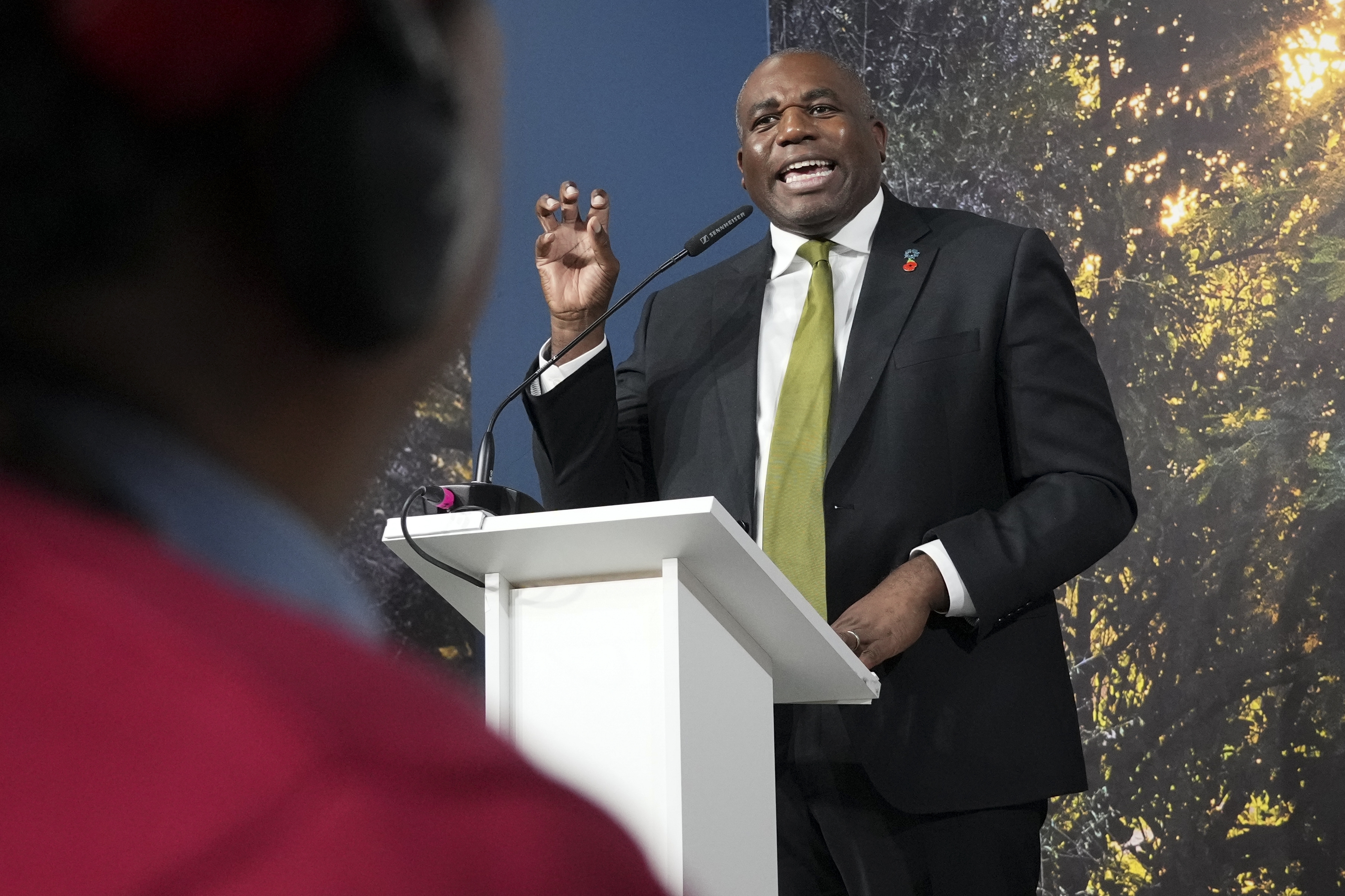 Britain's Foreign Secretary David Lammy speaks at a panel on funding for Indigenous Peoples at the COP29 U.N. Climate Summit, Tuesday, Nov. 12, 2024, in Baku, Azerbaijan. (AP Photo/Sergei Grits)