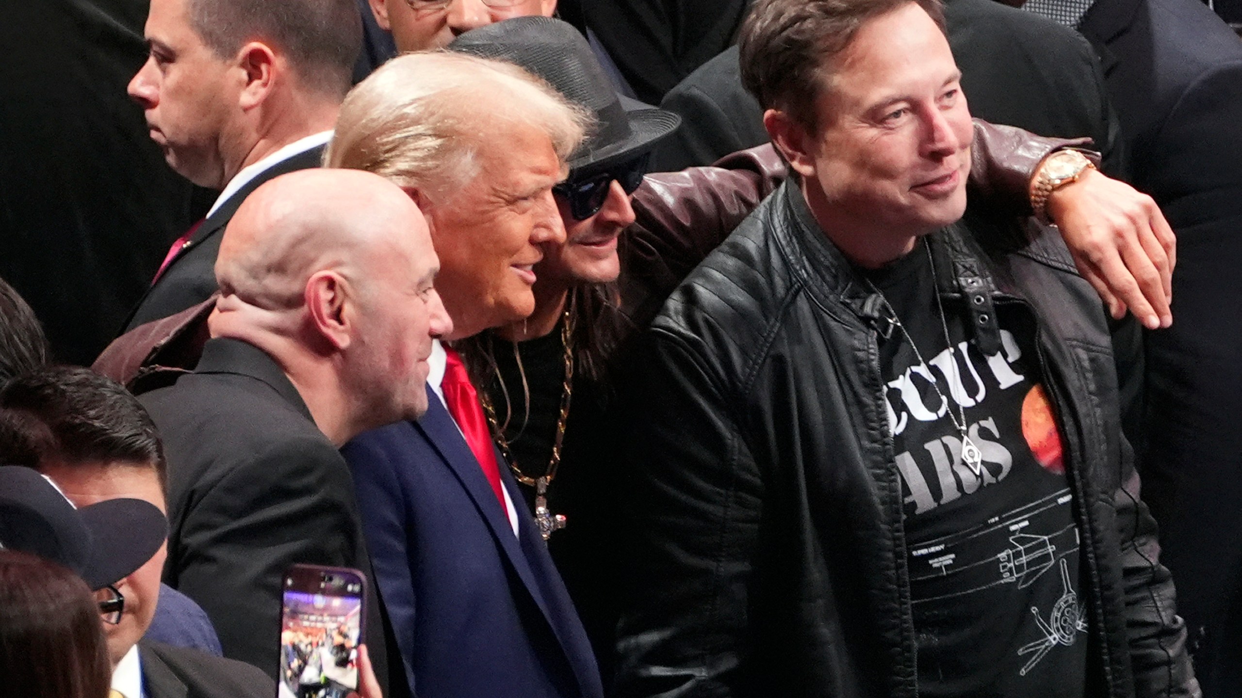 President-elect Donald Trump poses for a photo with Dana White, Kid Rock and Elon Musk at UFC 309 at Madison Square Garden, Saturday, Nov. 16, 2024, in New York. (AP Photo/Evan Vucci)