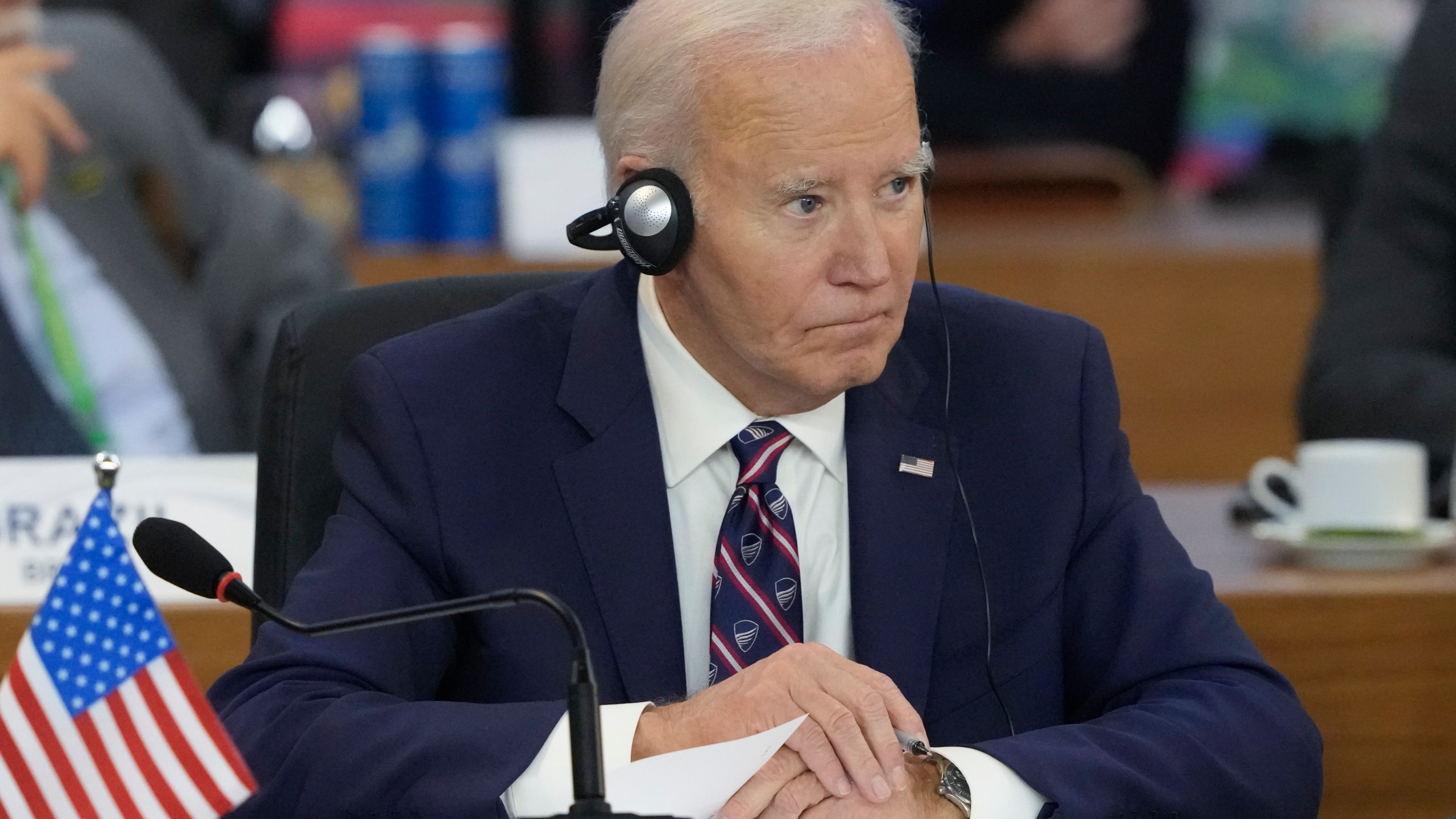 U.S. President Joe Biden attends the G20 Summit leaders meeting in Rio de Janeiro, Tuesday, Nov. 19, 2024. (AP Photo/Eraldo Peres)