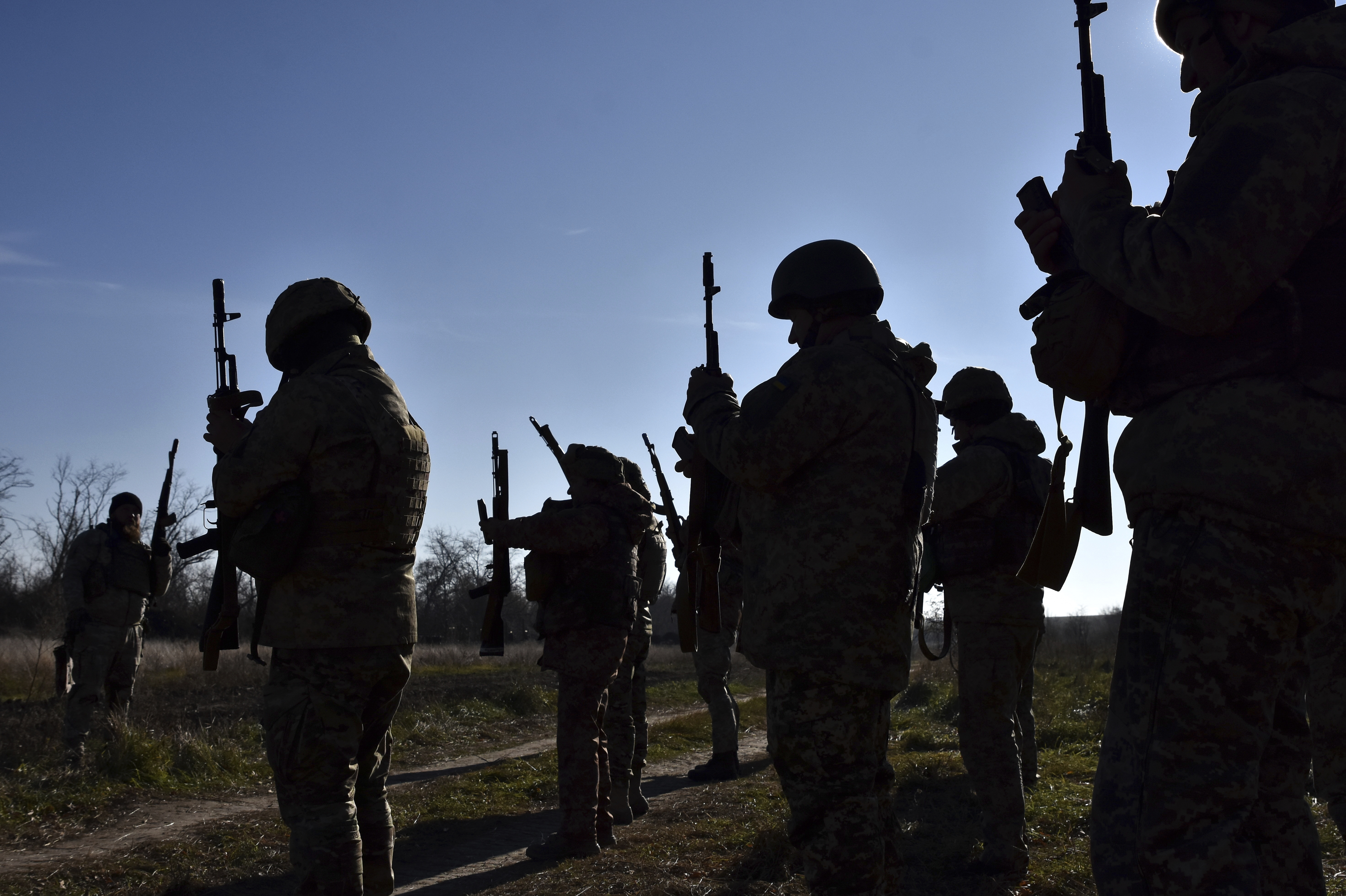 In this photo provided by the Ukraine's 65th Mechanised Brigade press service on Nov. 19, 2024, Ukrainian soldiers attend a training in Zaporizhzhia region, Ukraine. (Andriy Andriyenko/Ukraine's 65th Mechanised Brigade via AP)