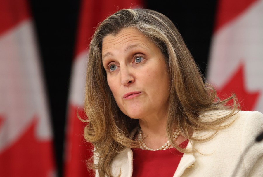 Minister of Finance and Deputy Prime Minister Chrystia Freeland speaks at a press conference in Ottawa on Tuesday, Nov. 19, 2024. (Patrick Doyle/The Canadian Press via AP)