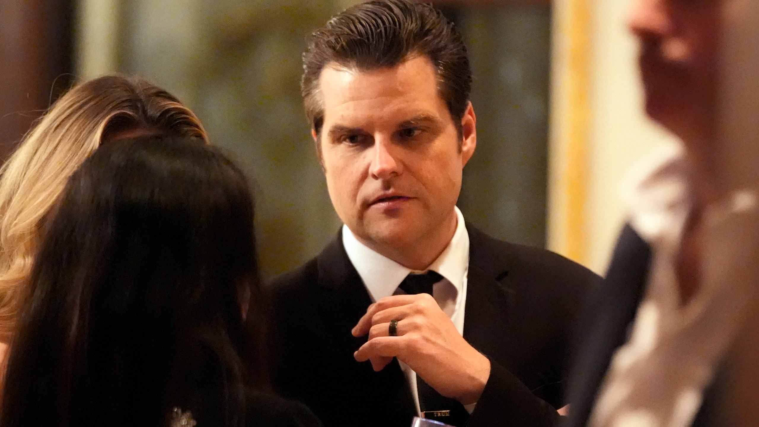 Matt Gaetz talks before President-elect Donald Trump speaks during an America First Policy Institute gala at his Mar-a-Lago estate, Thursday, Nov. 14, 2024, in Palm Beach, Fla. (AP Photo/Alex Brandon)