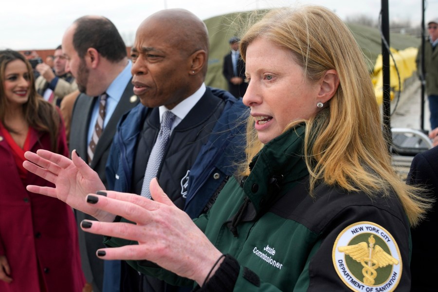 This image provided by the Office of the New York Mayor shows New York Mayor Eric Adams, second from right, and New York City Department of Sanitation Commissioner Jessica Tisch, right, during a major expansion of capacity at the Staten Island Compost Facility, Jan. 4, 2024. (Michael Appleton/Mayoral Photography Office via AP)