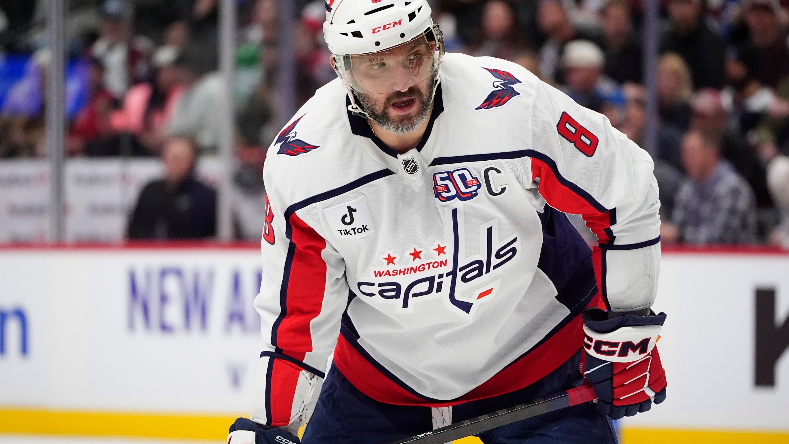 Washington Capitals left wing Alex Ovechkin waits for a face off in the second period of an NHL hockey game against the Colorado Avalanche, Friday, Nov. 15, 2024, in Denver. (AP Photo/David Zalubowski)