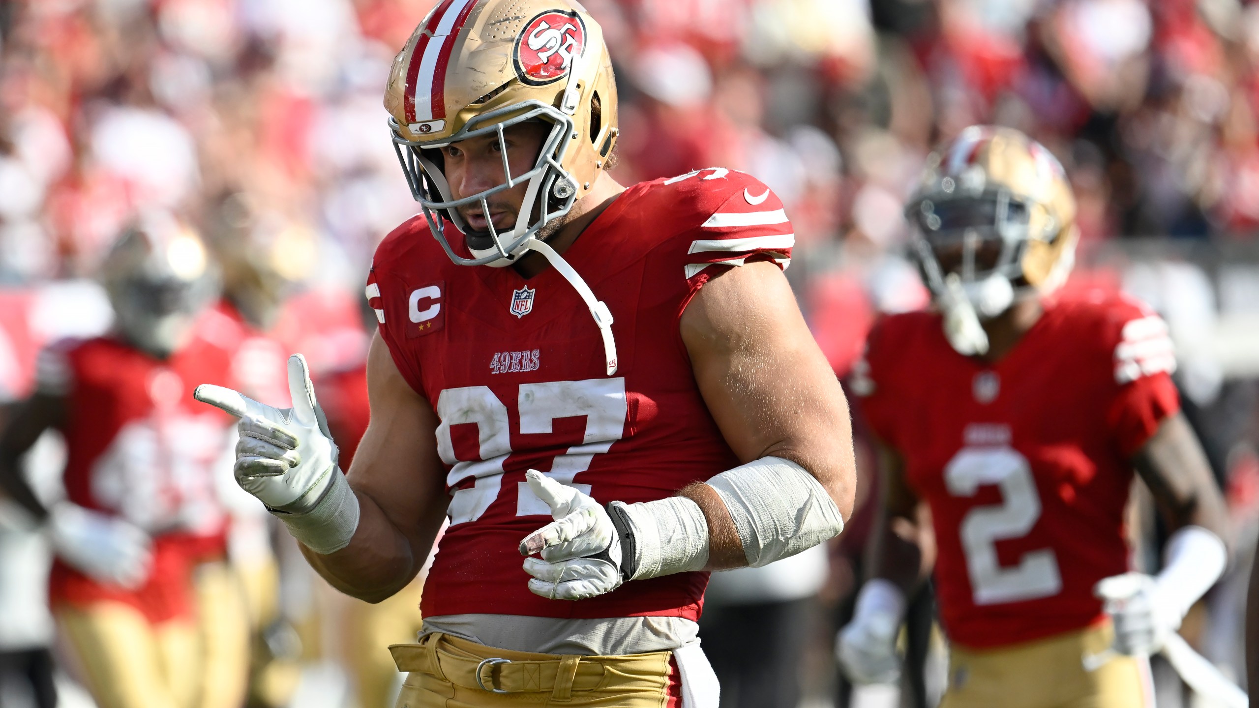 San Francisco 49ers defensive end Nick Bosa (97) celebrates after sacking Tampa Bay Buccaneers quarterback Baker Mayfield during the second half of an NFL football game in Tampa, Fla., Sunday, Nov. 10, 2024. (AP Photo/Jason Behnken)